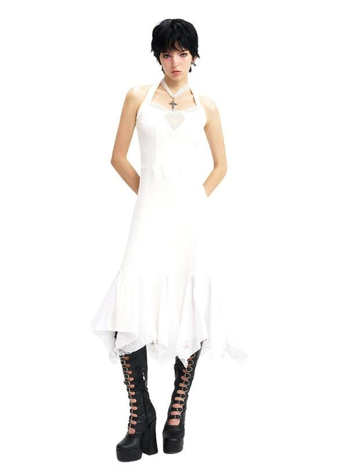 NextPassport MOF Ivory Swan Embroidery Lace Trim Ballet Hem Women's Cotton Halter Midi Dresses