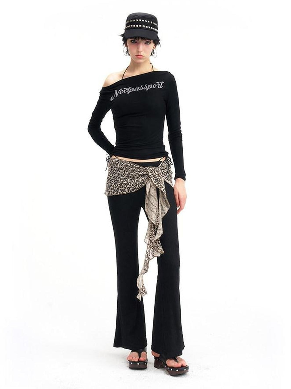 NextPassport MOF Leopard Knit Natural Waist Women's Polyester Elastane Blend Flare Pants