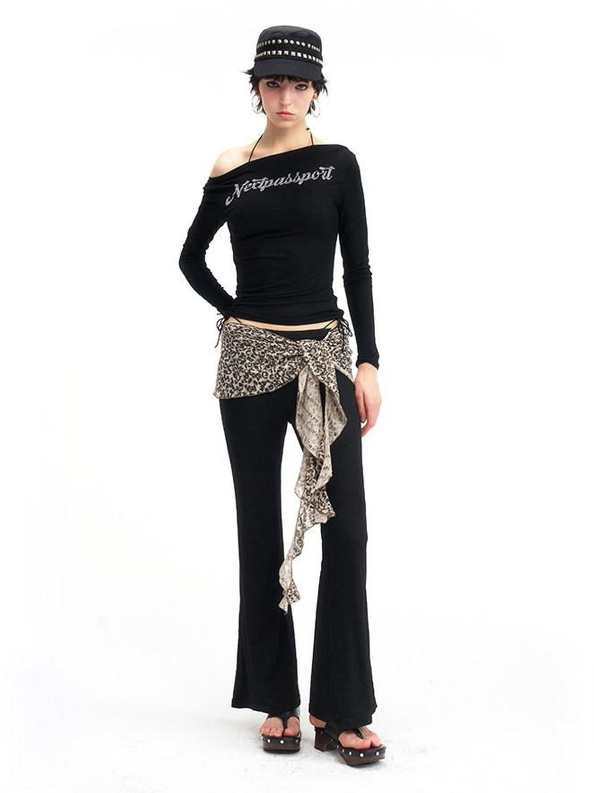 NextPassport MOF Leopard Knit Natural Waist Women's Polyester Elastane Blend Flare Pants