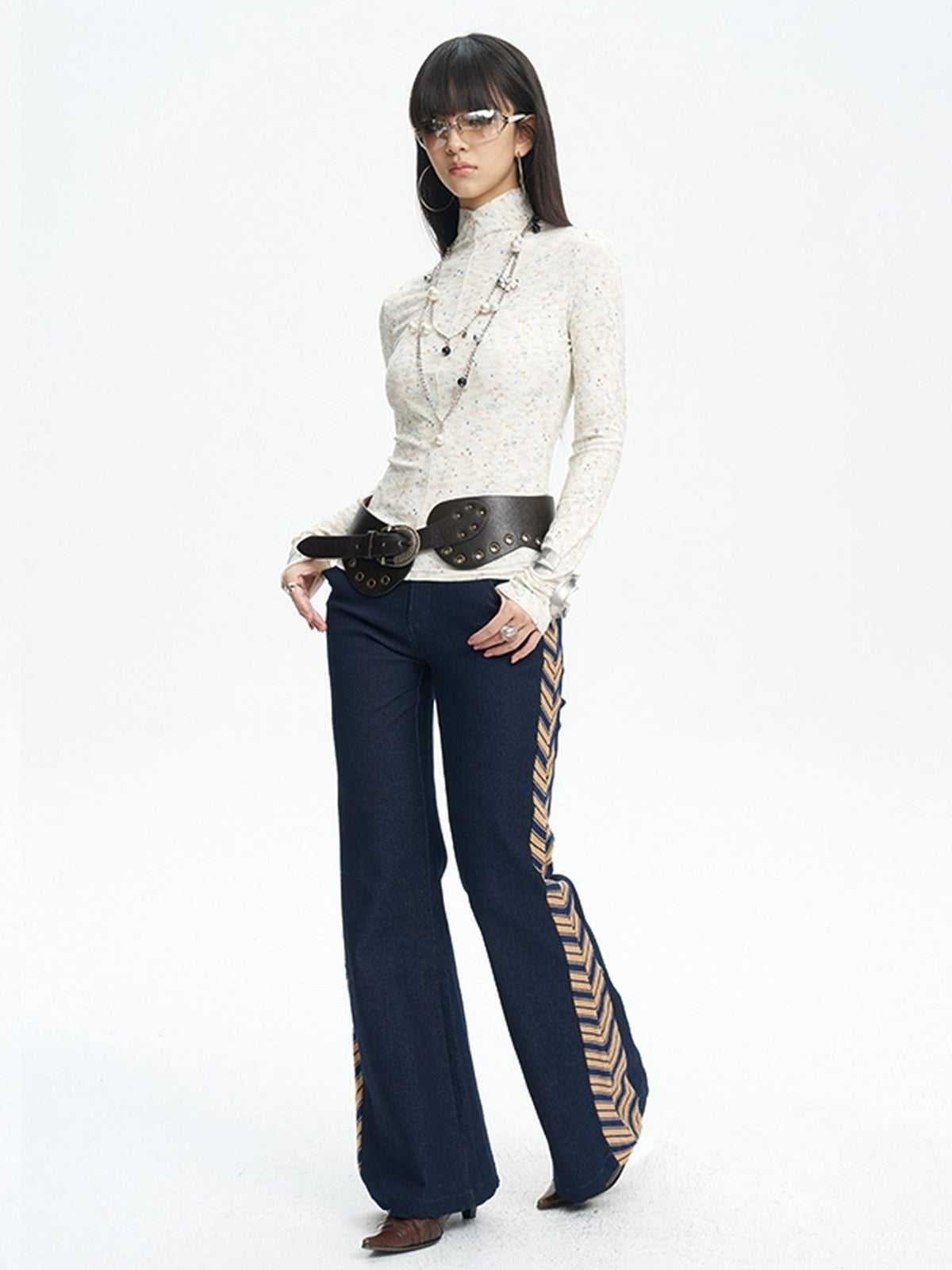 NextPassport MOF Denim Blue Patchwork Striped Tie Women's Relaxed Wide Leg Flare Pants