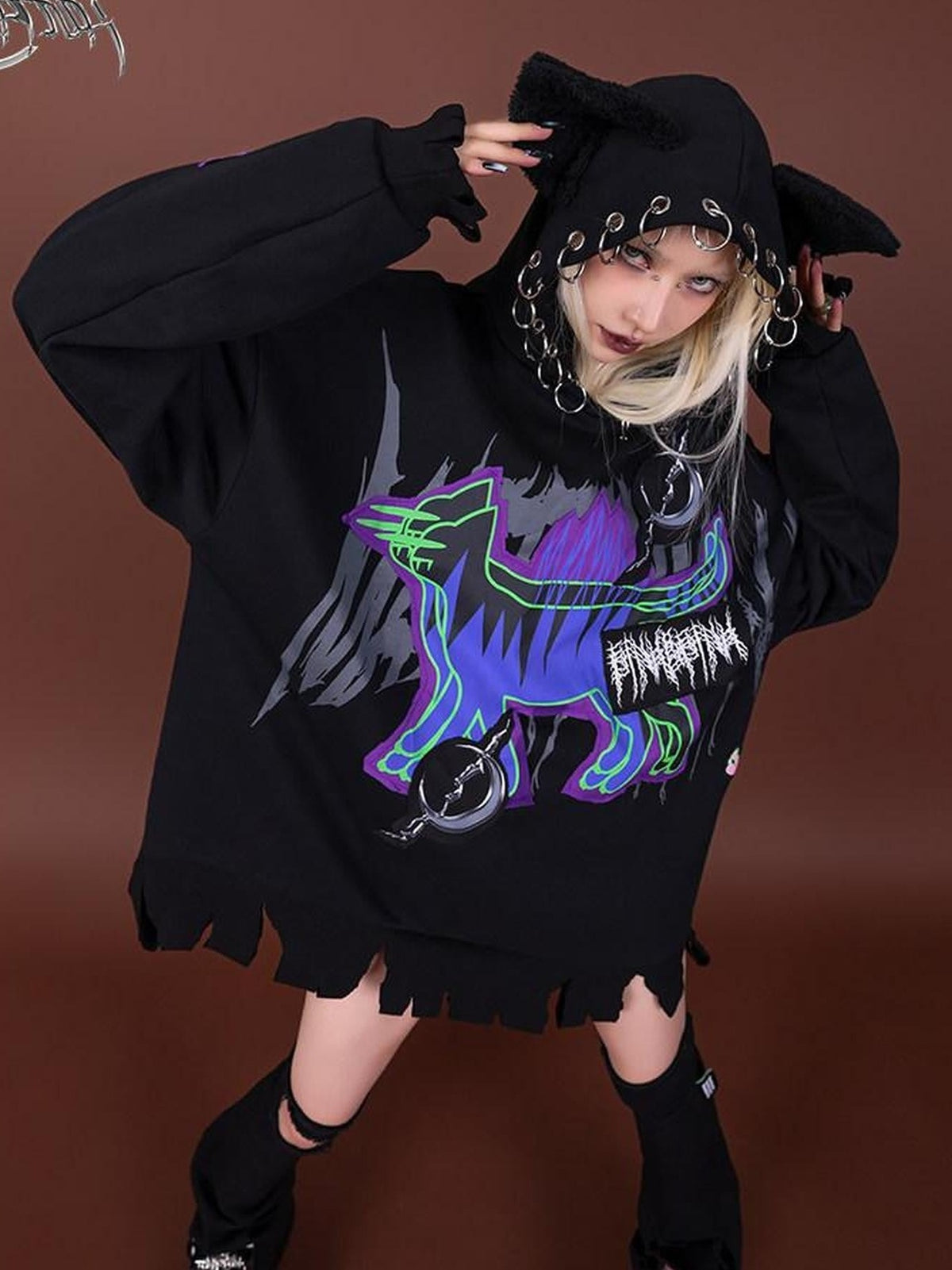 PINKSPINK Horror Cat Patch Embroidered Ring Ear Distressed Women's Cotton Hoodies