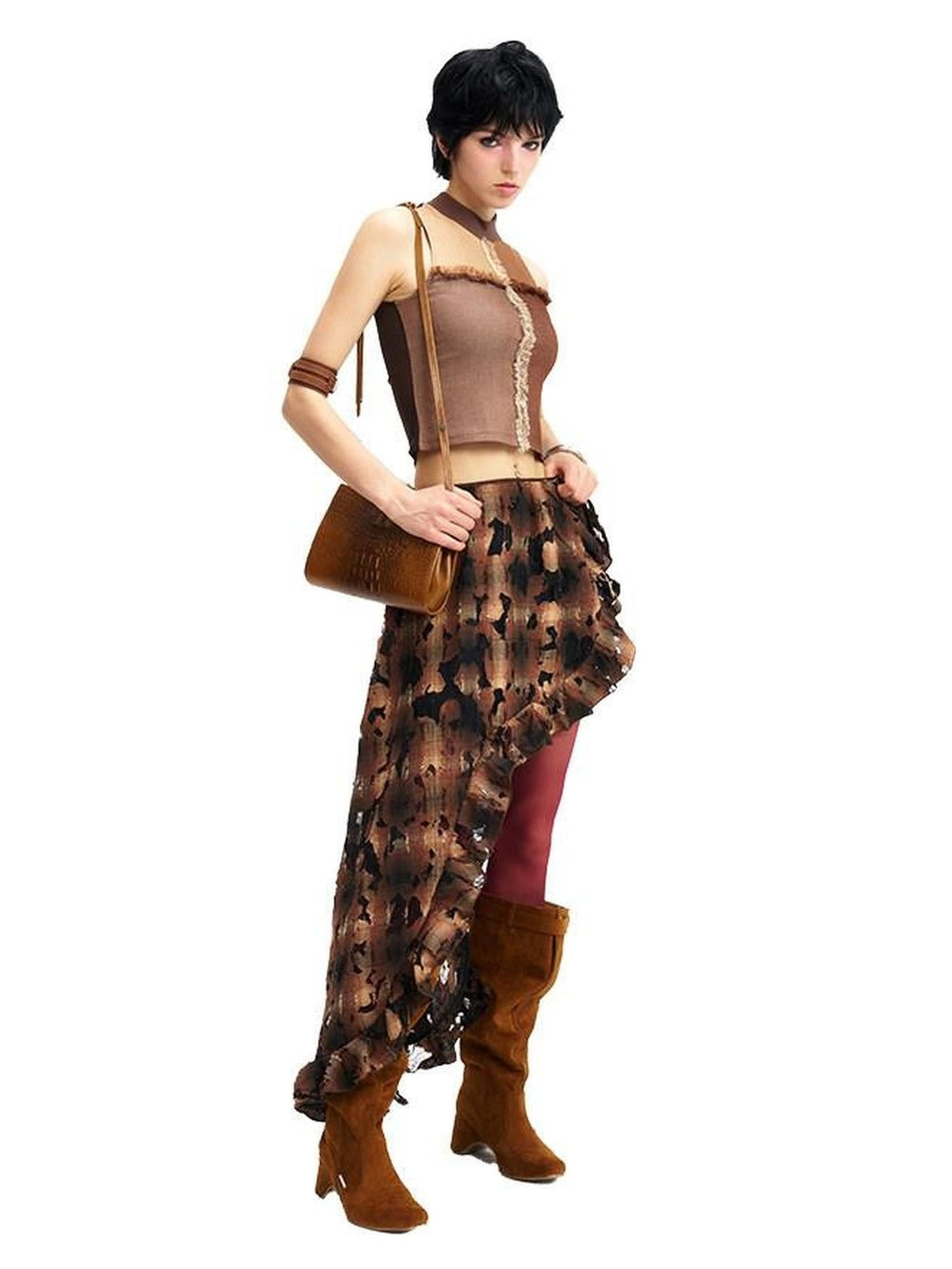 NextPassport MOF Brown Plaid Cutout Lace Distressed Women's Cotton Asymmetric Clothing Accessories