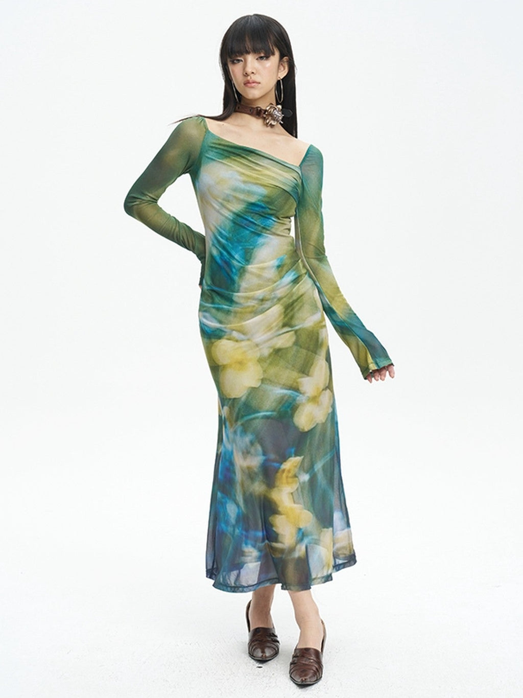 NextPassport MOF Green New Chinese Style Water Floral Mesh Women's Tulle Casual Maxi Dresses