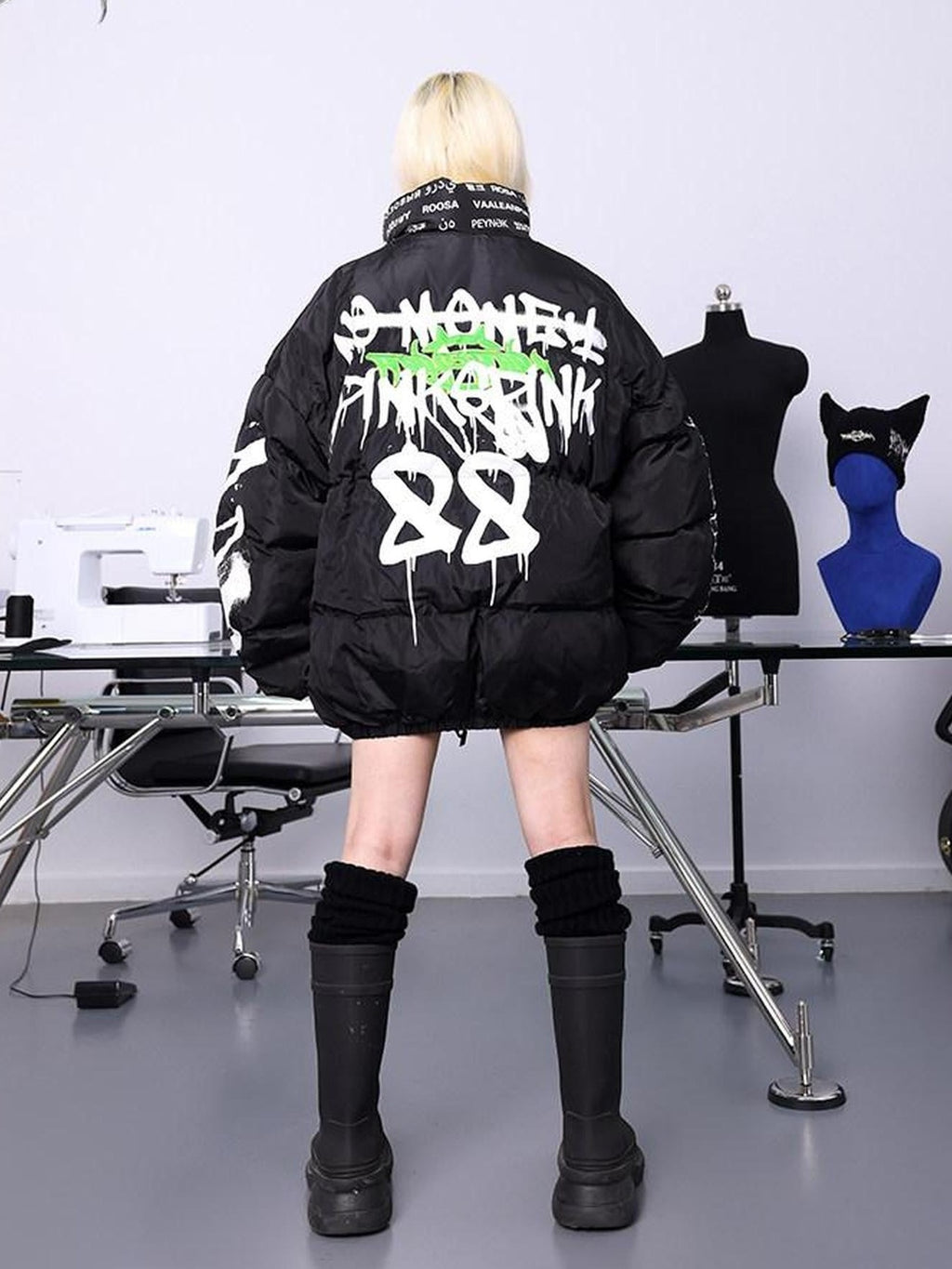 PINKSPINK Hand Painted Graffiti Double Zip Stand Collar Women's Cotton Puffer Jackets