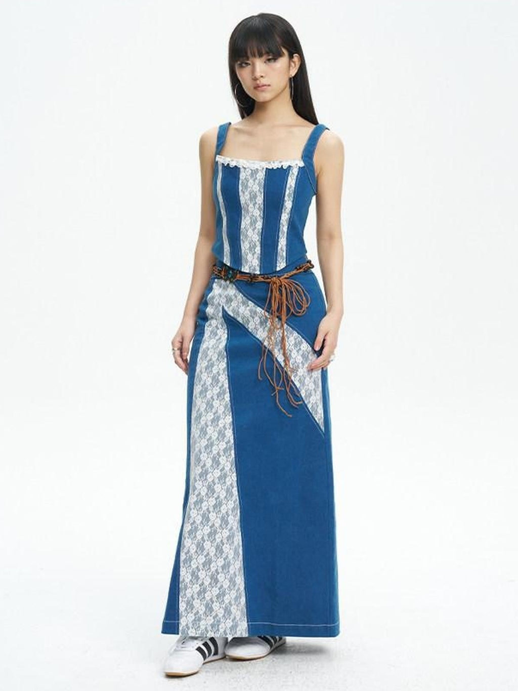 NextPassport MOF Retro Lace Patchwork Colorblock High Waist Women's Denim Maxi Skirts