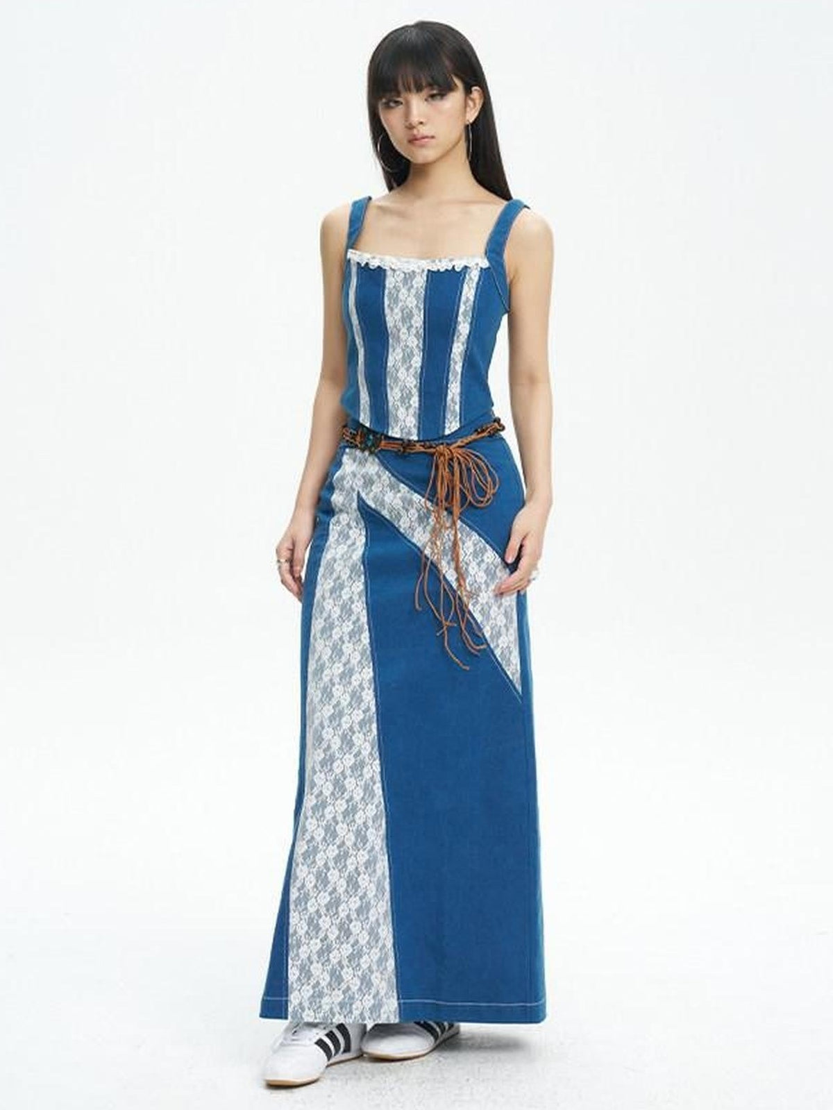 NextPassport MOF Retro Lace Patchwork Colorblock High Waist Women's Denim Maxi Skirts