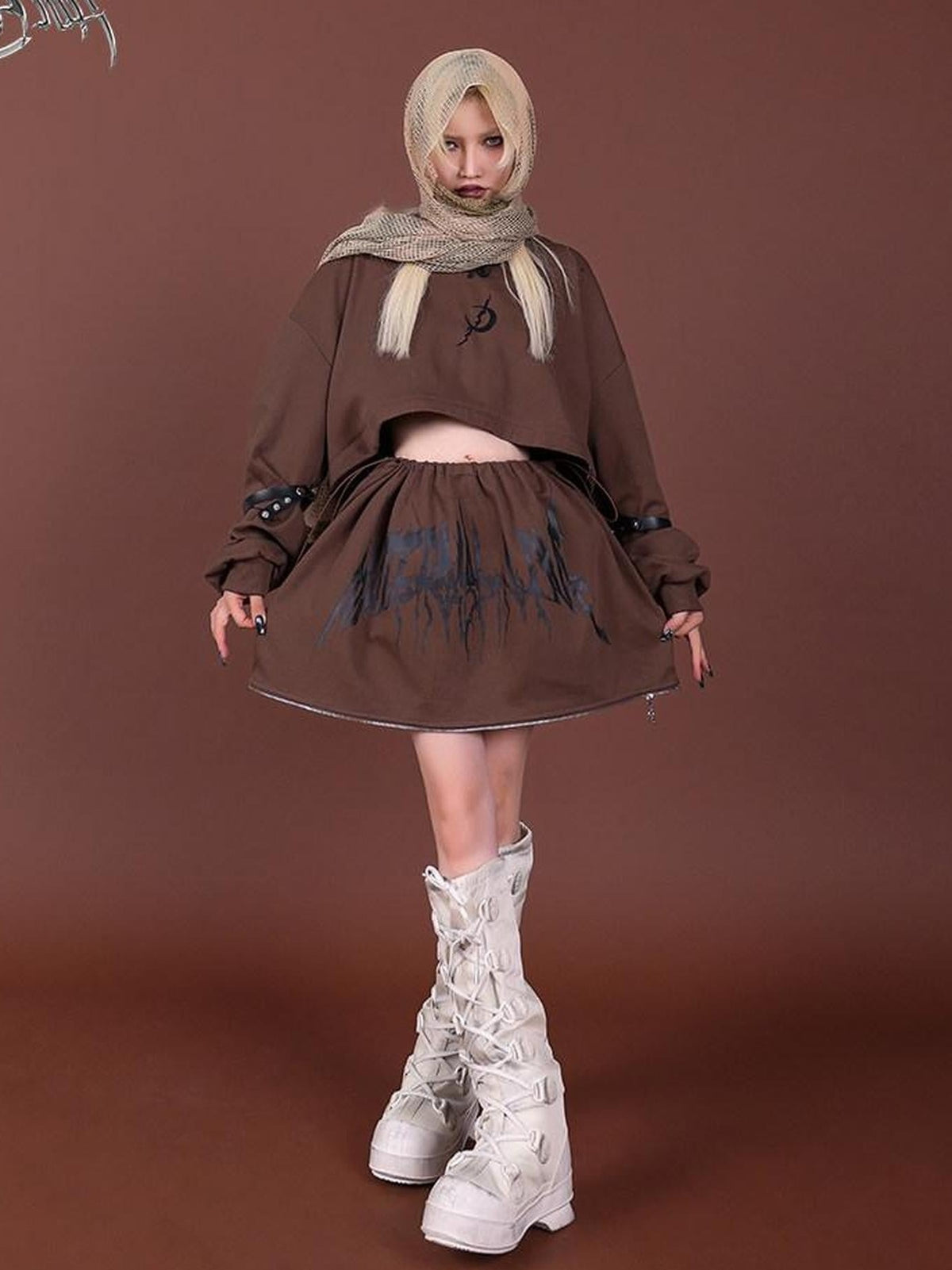 PINKSPINK Brown Embroidered Hooded Zip Convertible Women's Cotton Matching Skirt Sets