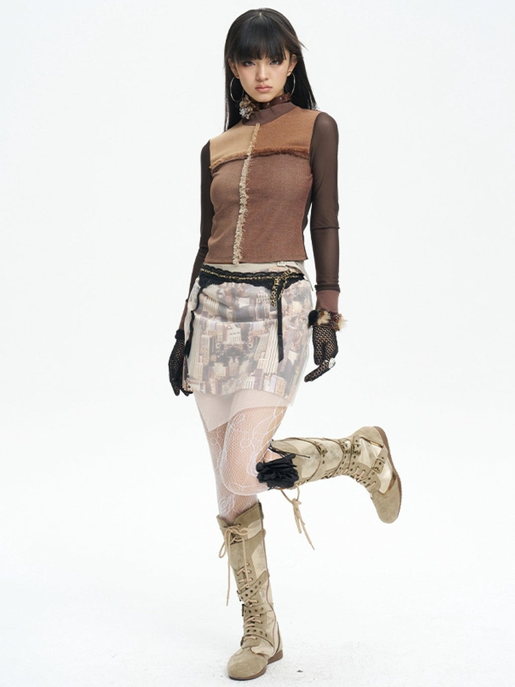 NextPassport MOF Sheer Overlay Asymmetric Double Waist A Line Retro Women's Mini Skirts