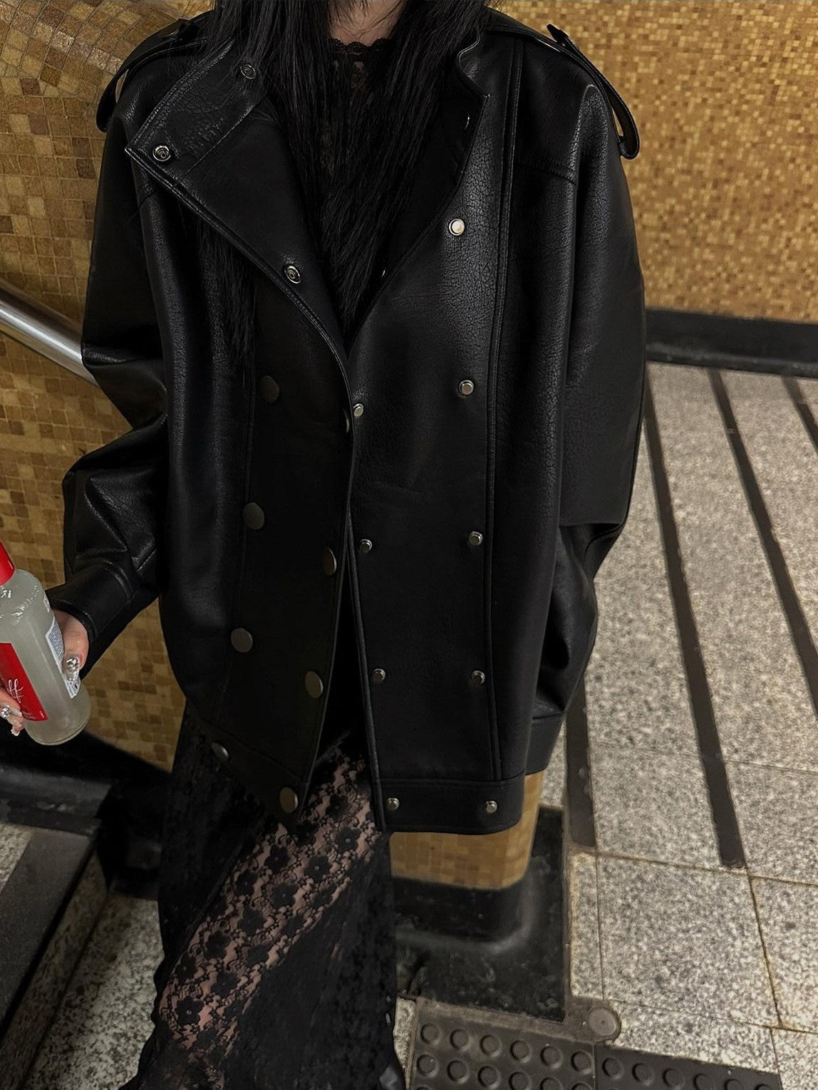 Fanptntox Black Textured Double Breasted Vintage Lapel Oversized Women's Leather Jackets