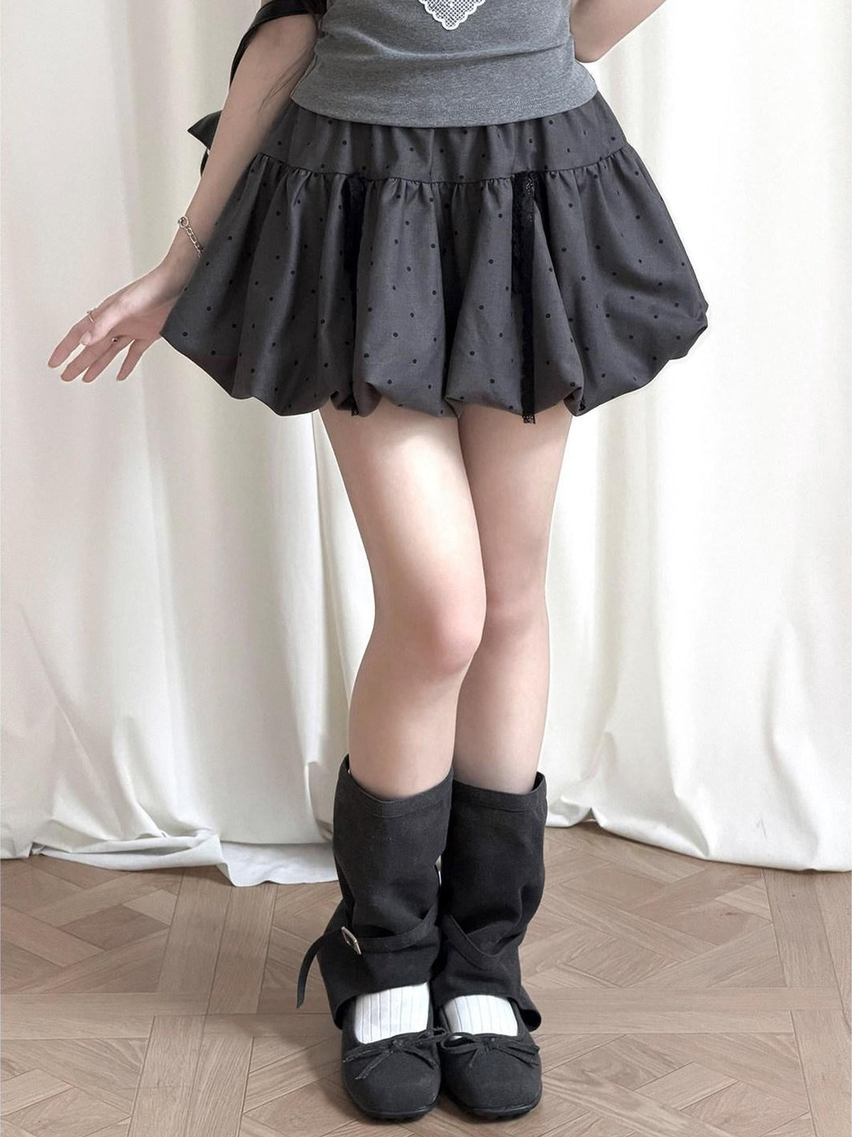 Kyouko Baby Millennial Gray Heart Print Puff Sleeve Off Shoulder Women's Matching Skirt Sets