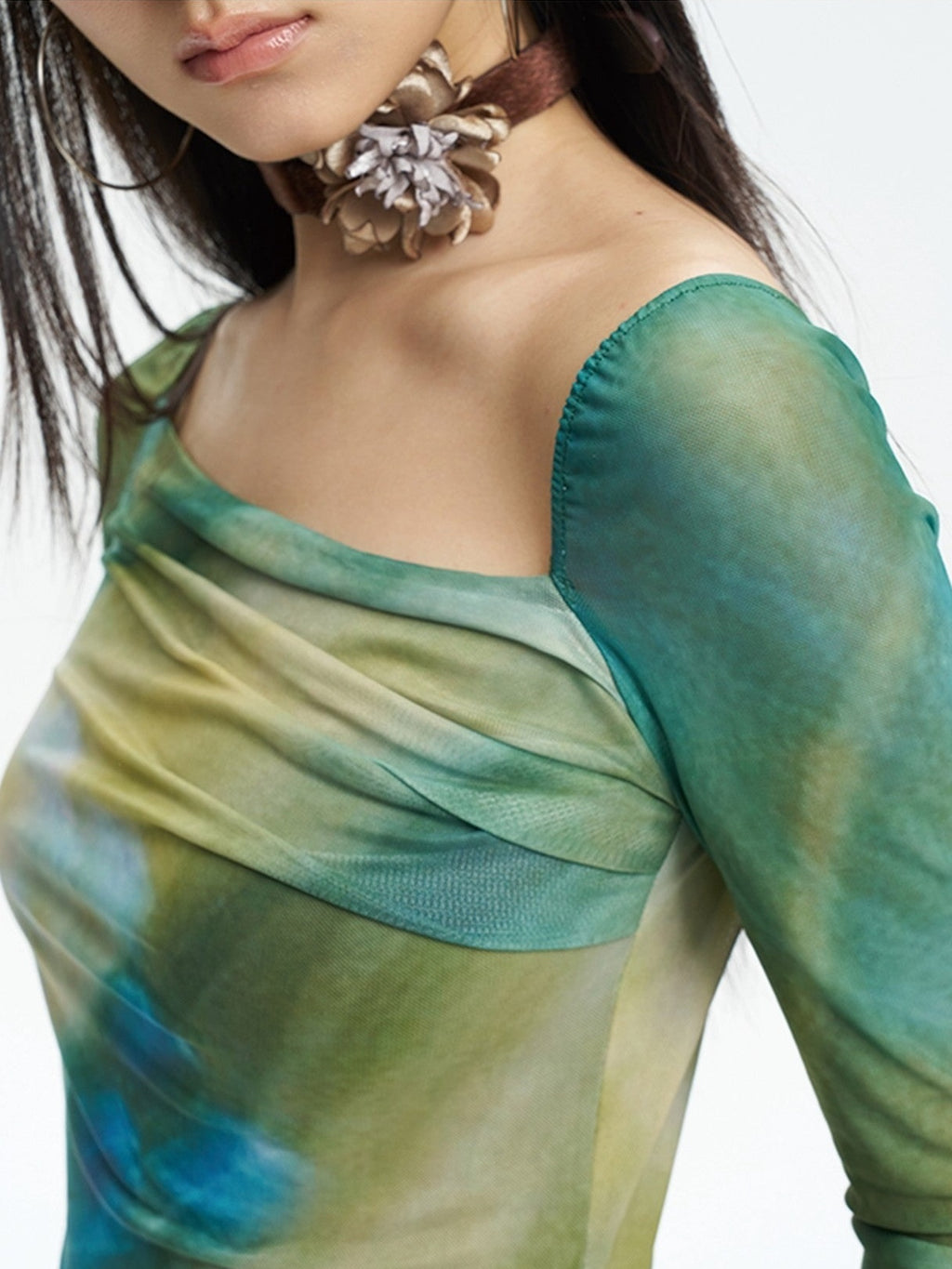 NextPassport MOF Green New Chinese Style Water Floral Mesh Women's Tulle Casual Maxi Dresses