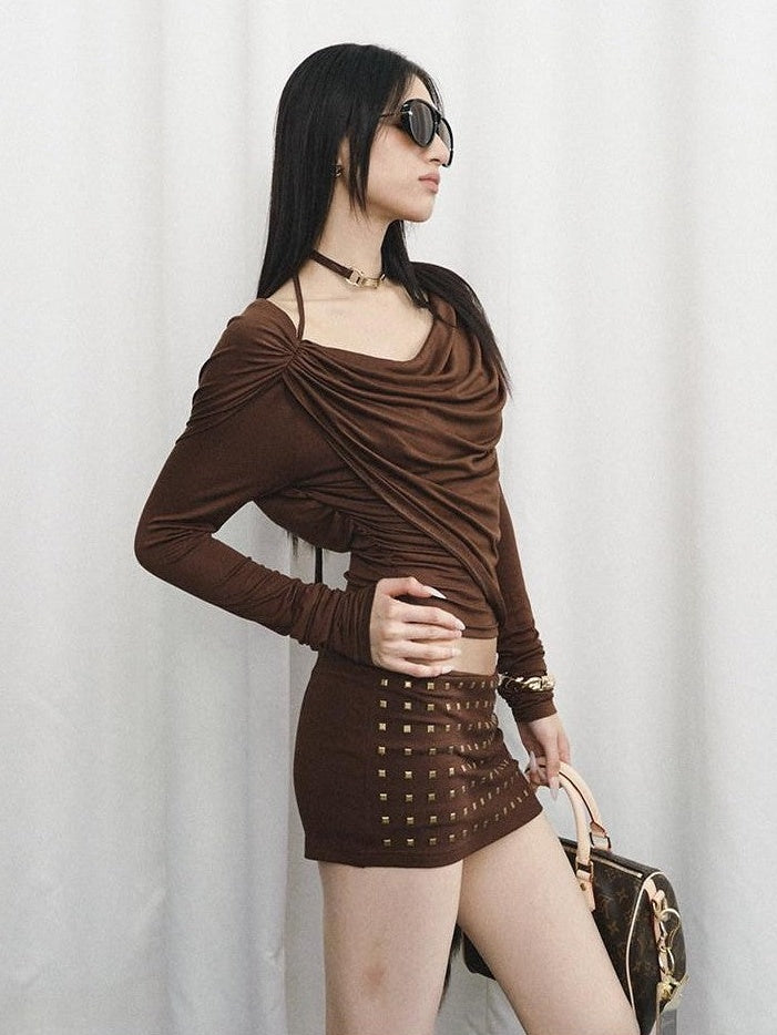 Fanptntox Rhinestone Slim Convertible Knit Drape Neck Women's Tencel Matching Skirt Sets