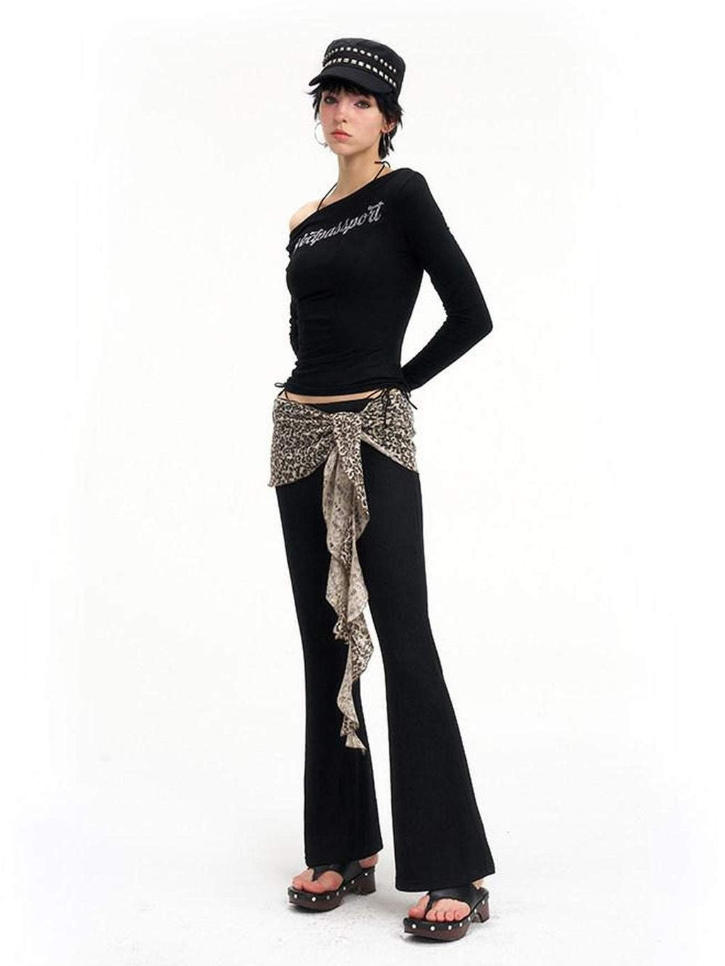 NextPassport MOF Leopard Knit Natural Waist Women's Polyester Elastane Blend Flare Pants