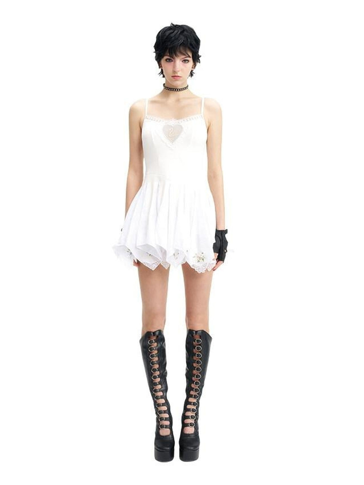 NextPassport MOF Ivory Swan Embroidery Lace Trim Ballet Hem Women's Cotton Halter Midi Dresses