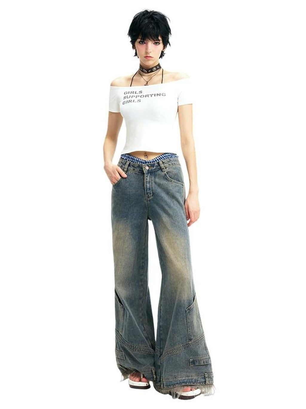 NextPassport MOF Vintage Deconstructed Frayed Hem Zip Fly Women's Denim Wide-leg Jeans