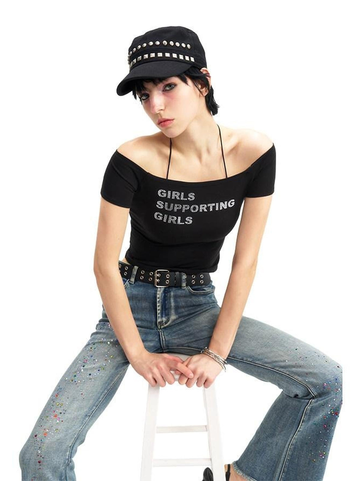 NextPassport MOF Multicolor Rhinestone Lettering Off Shoulder Women's Cotton Crop Tops