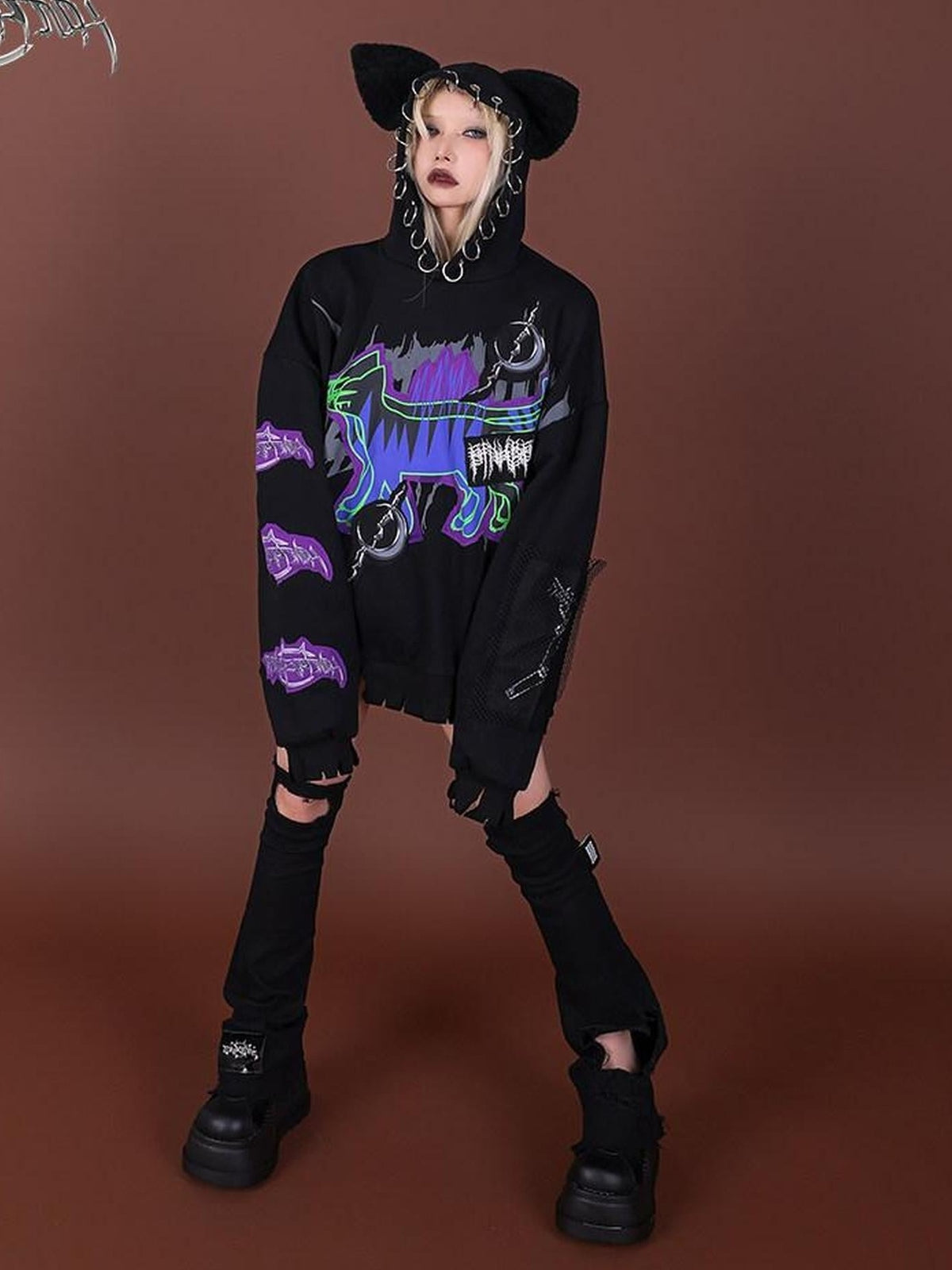 PINKSPINK Horror Cat Patch Embroidered Ring Ear Distressed Women's Cotton Hoodies