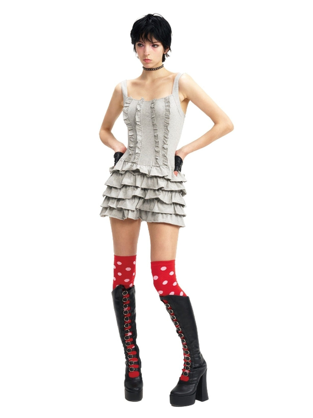 NextPassport MOF Gray Knit Puffed Tiered Spaghetti Strap Women's Cotton Slip Mini Dresses