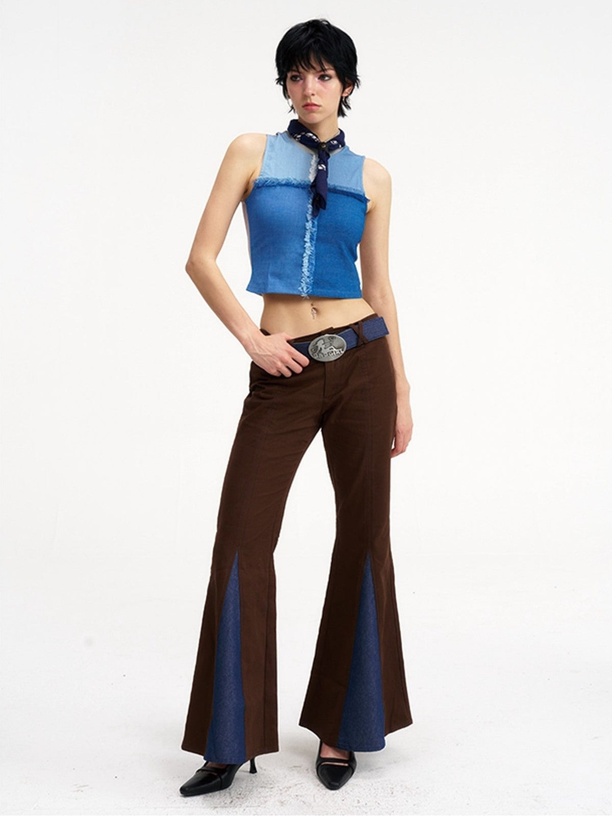 NextPassport MOF Brown Patchwork Denim Low Waist Zipper Women's Polyester Flare Jeans
