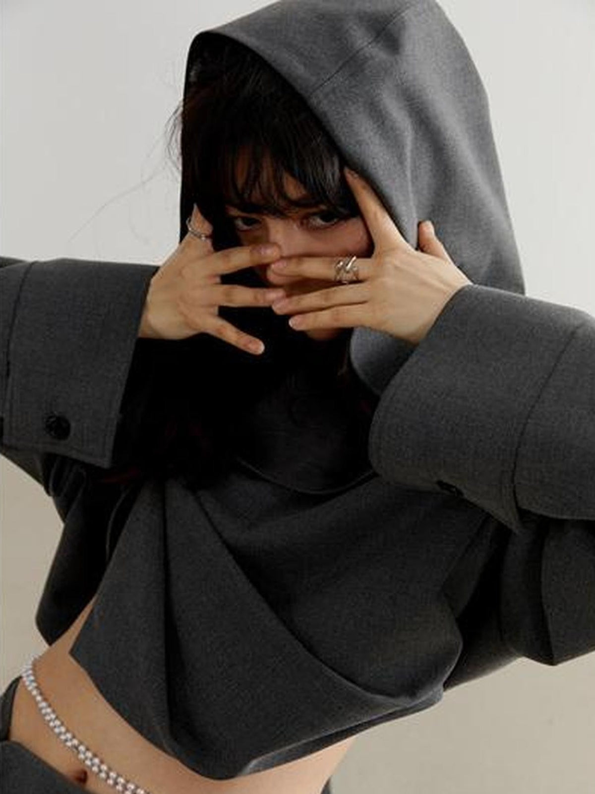 Jnylon studios Dark Gray Tailored Ruched Pleated Hooded Women's Cropped Jackets
