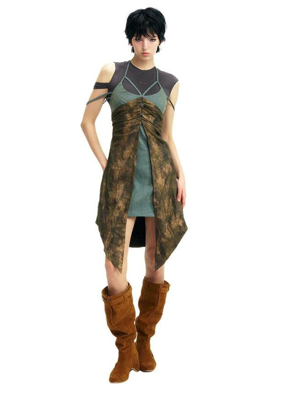 NextPassport MOF Colorblock Faux Two Piece Waist A Line Women's Polyester Slip Midi Dresses