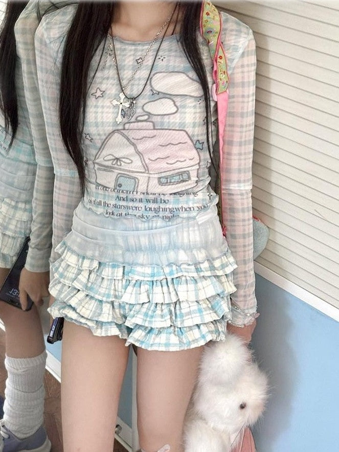 Kyouko Baby Bubble Blue House Longsleeve Top Cake Skirt Women's Matching Skirt Sets