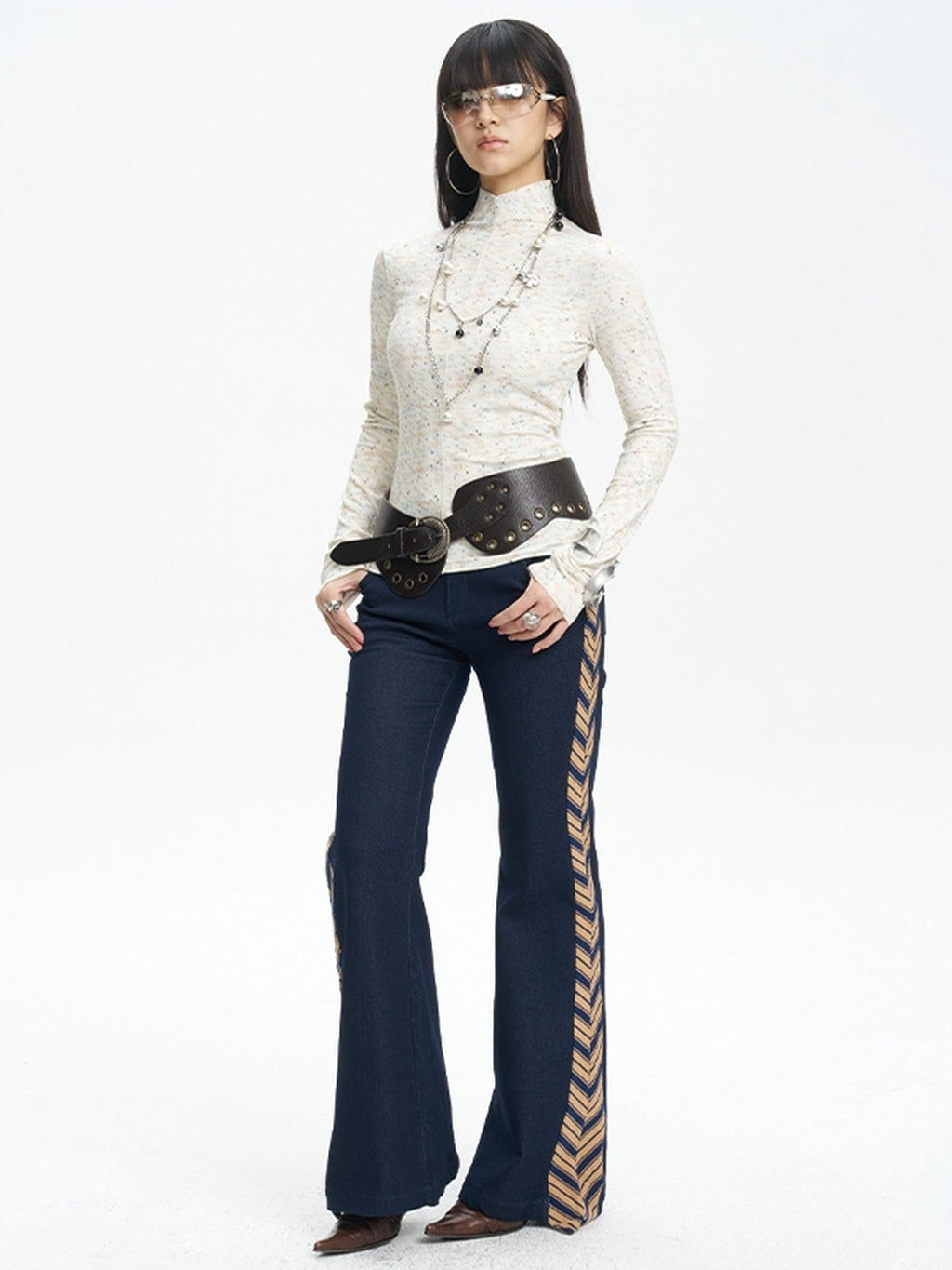 NextPassport MOF Denim Blue Patchwork Striped Tie Women's Relaxed Wide Leg Flare Pants