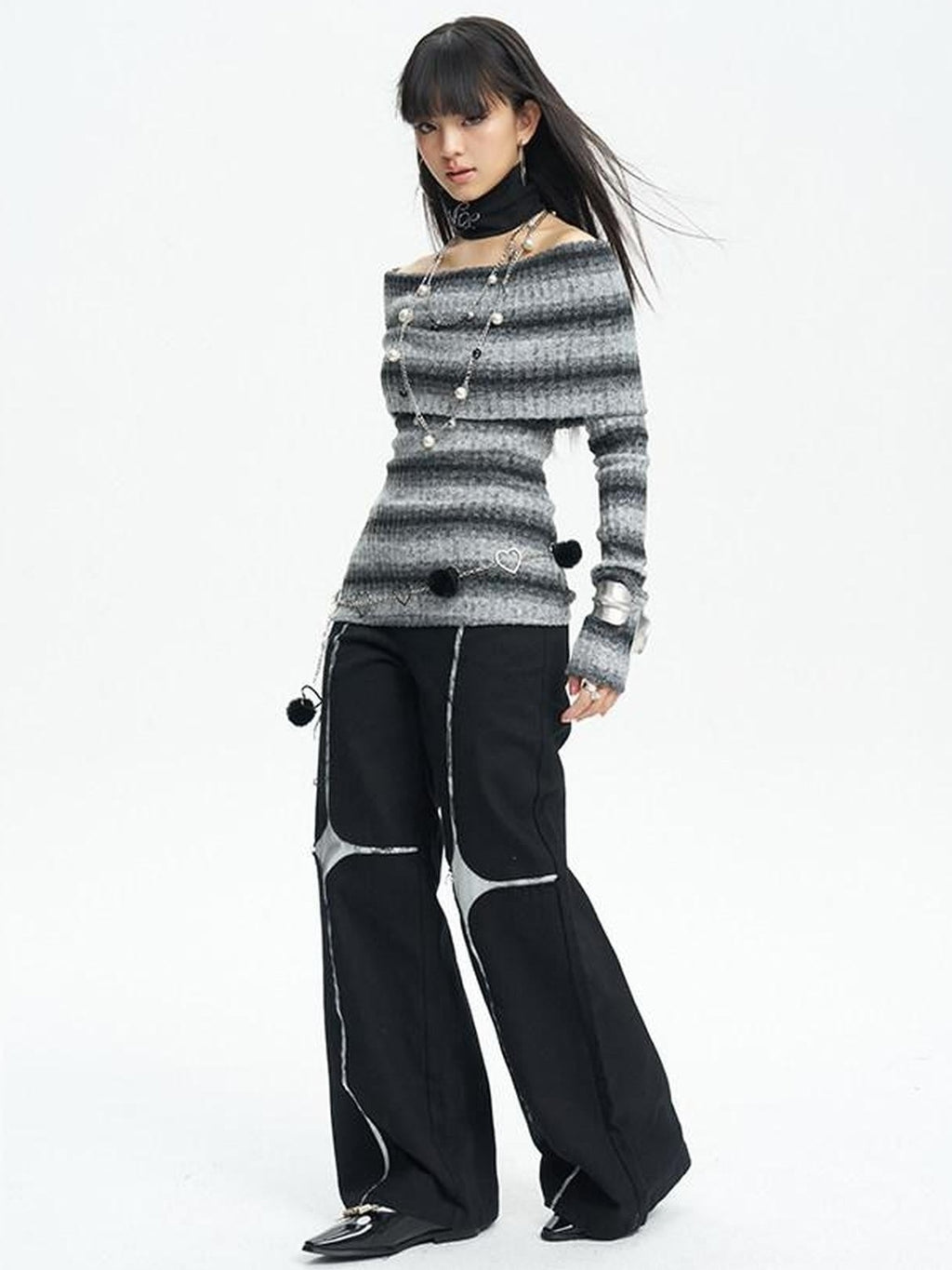 NextPassport MOF Black Asymmetric Silver Cross Sequin Women's Elastic Waist Wide-leg Pants