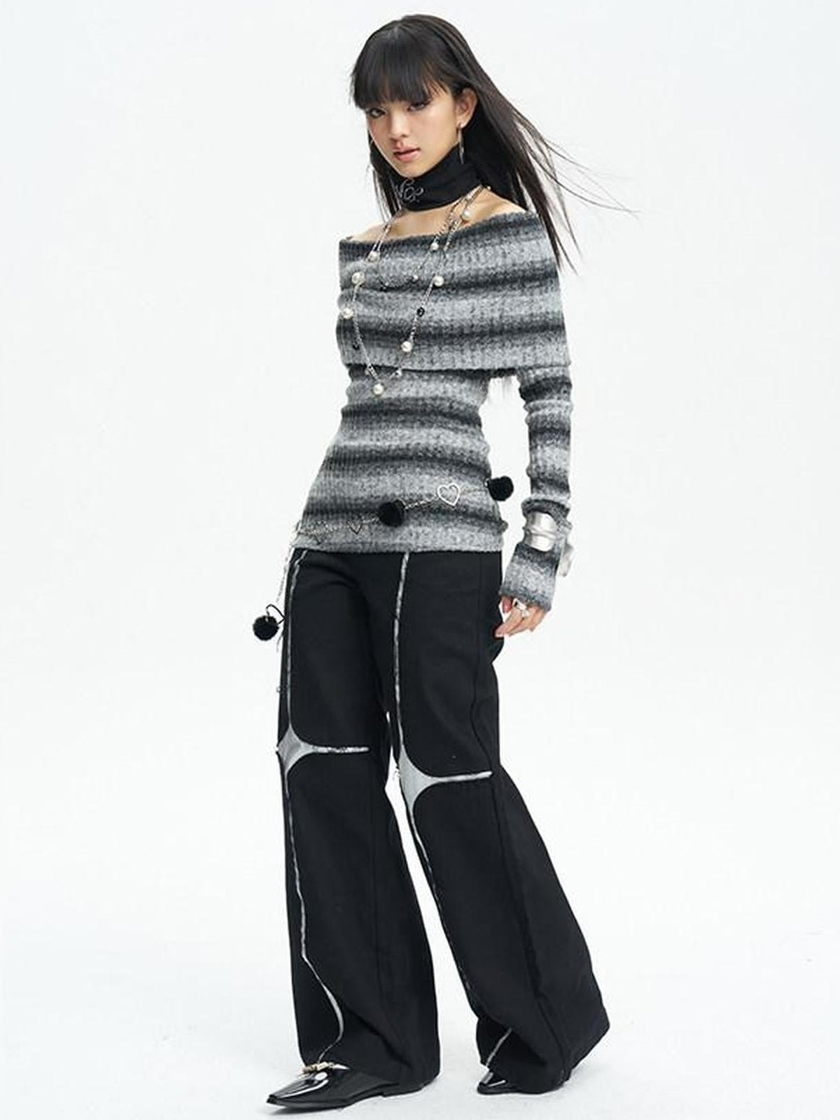 NextPassport MOF Black Asymmetric Silver Cross Sequin Women's Elastic Waist Wide-leg Pants