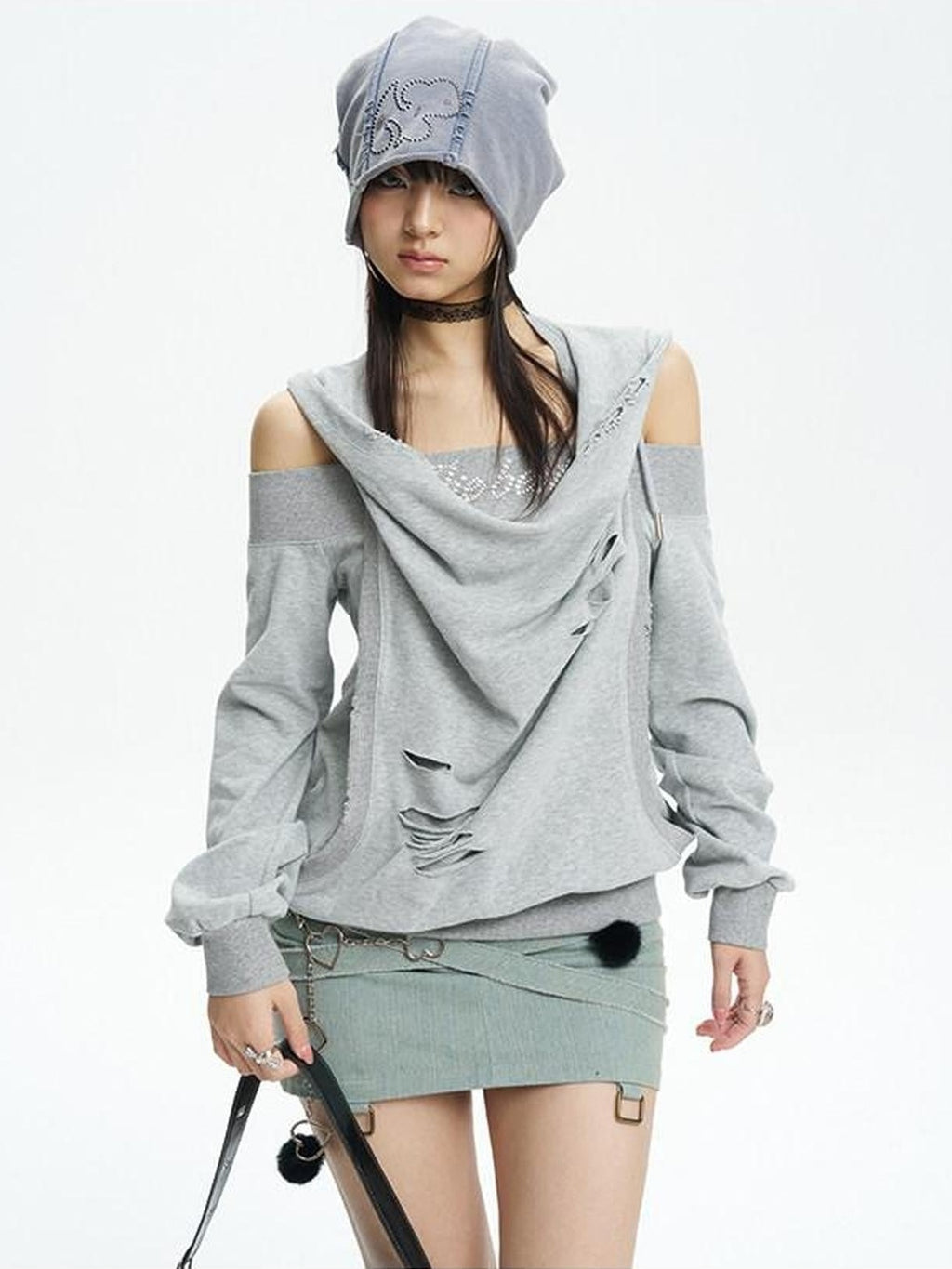 NextPassport MOF Blue Gray Vintage Washed Distressed Rhinestone Cartoon Women's Knit Beanies