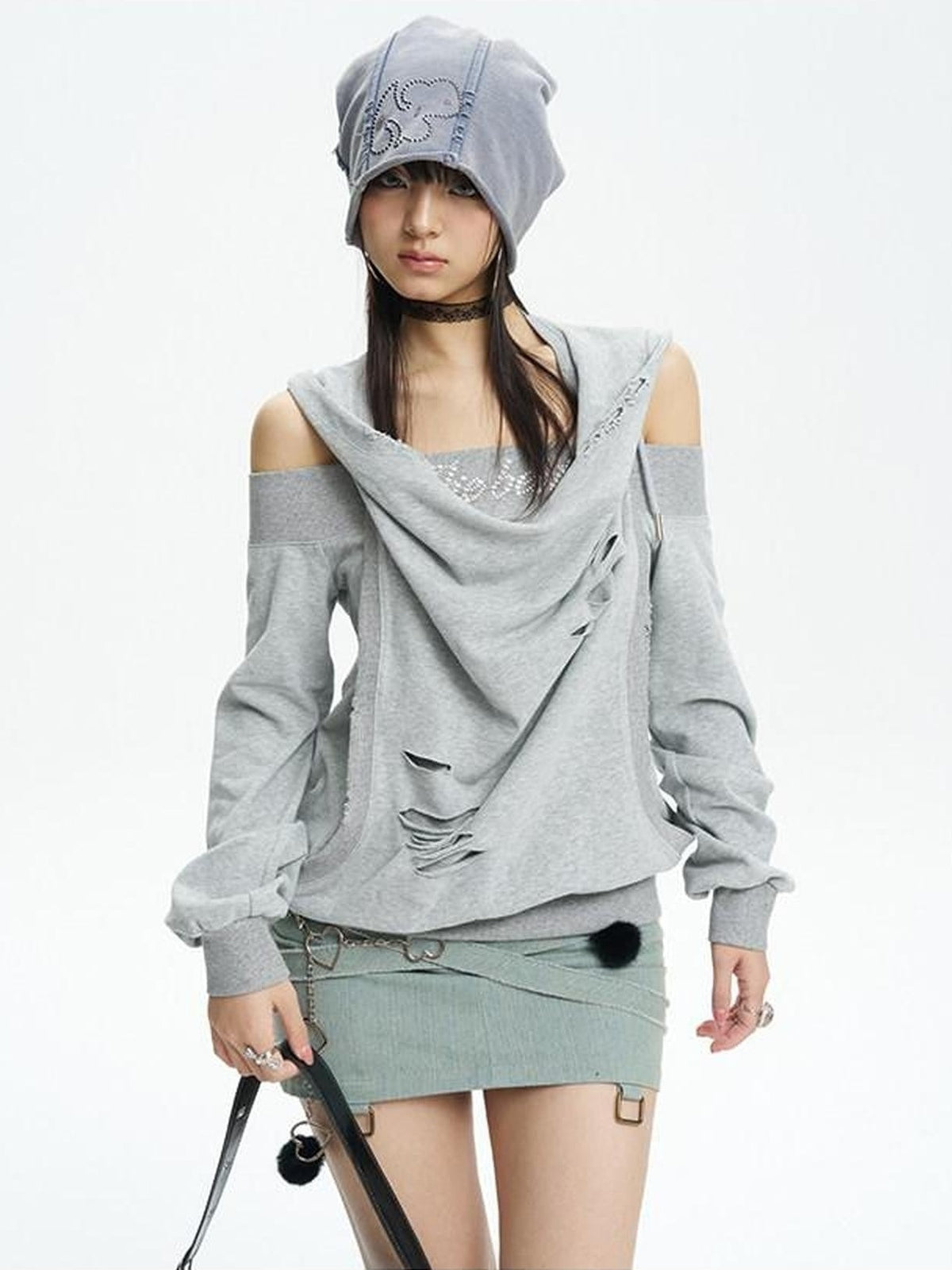 NextPassport MOF Blue Gray Vintage Washed Distressed Rhinestone Cartoon Women's Knit Beanies