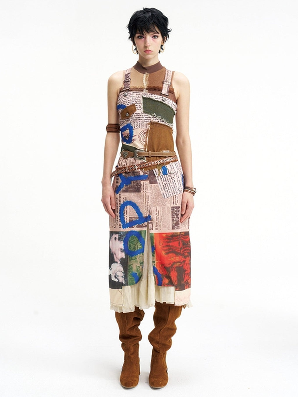 NextPassport MOF Newspaper Graffiti Strappy Slit Women's Polyester Slip Midi Dresses