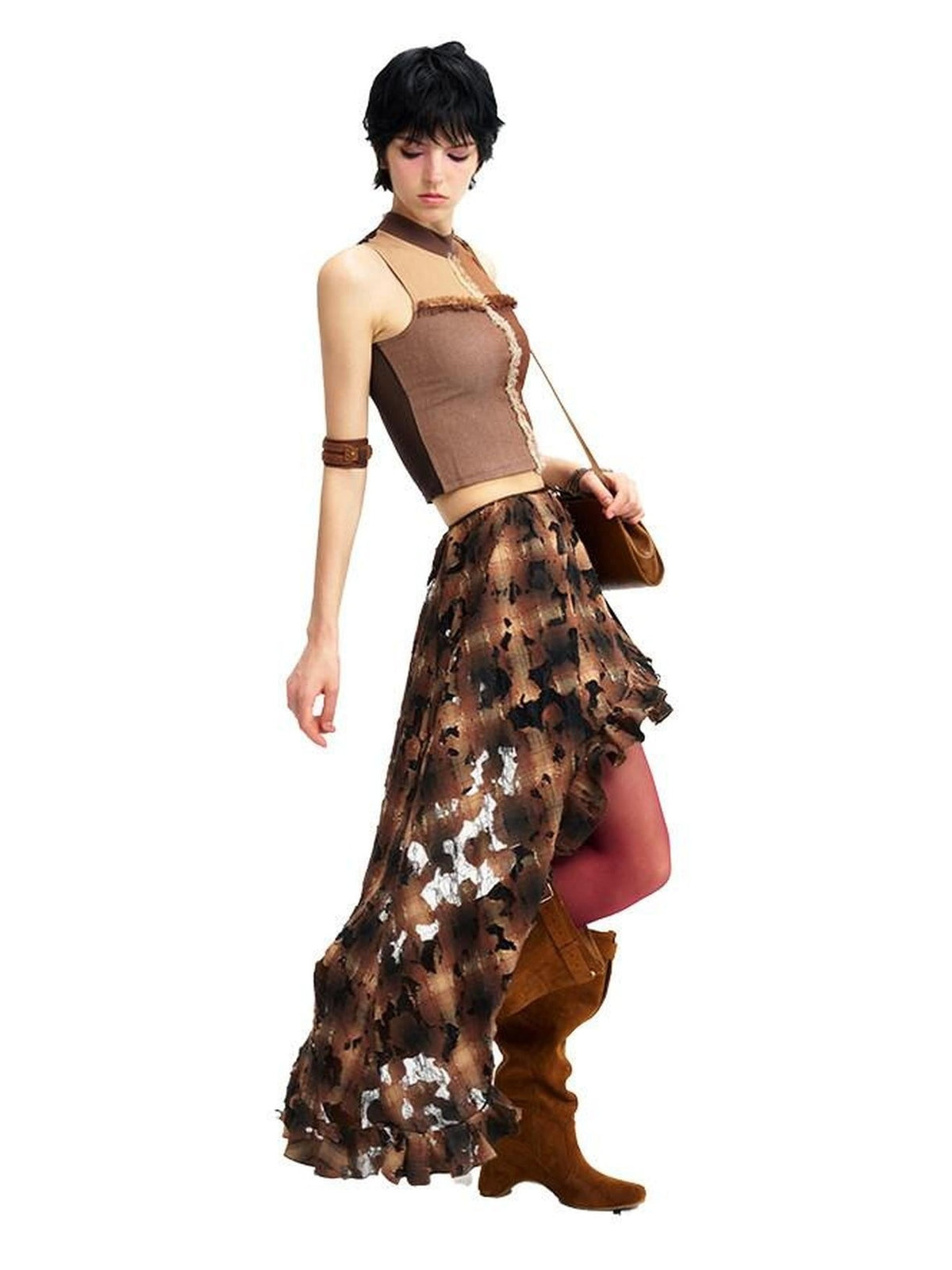 NextPassport MOF Brown Plaid Cutout Lace Distressed Women's Cotton Asymmetric Clothing Accessories