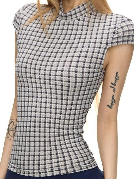 Fanptntox Blue Grey Yarn Dyed Plaid Half Mock Neck Knit Women's Polyester Slim T-shirts