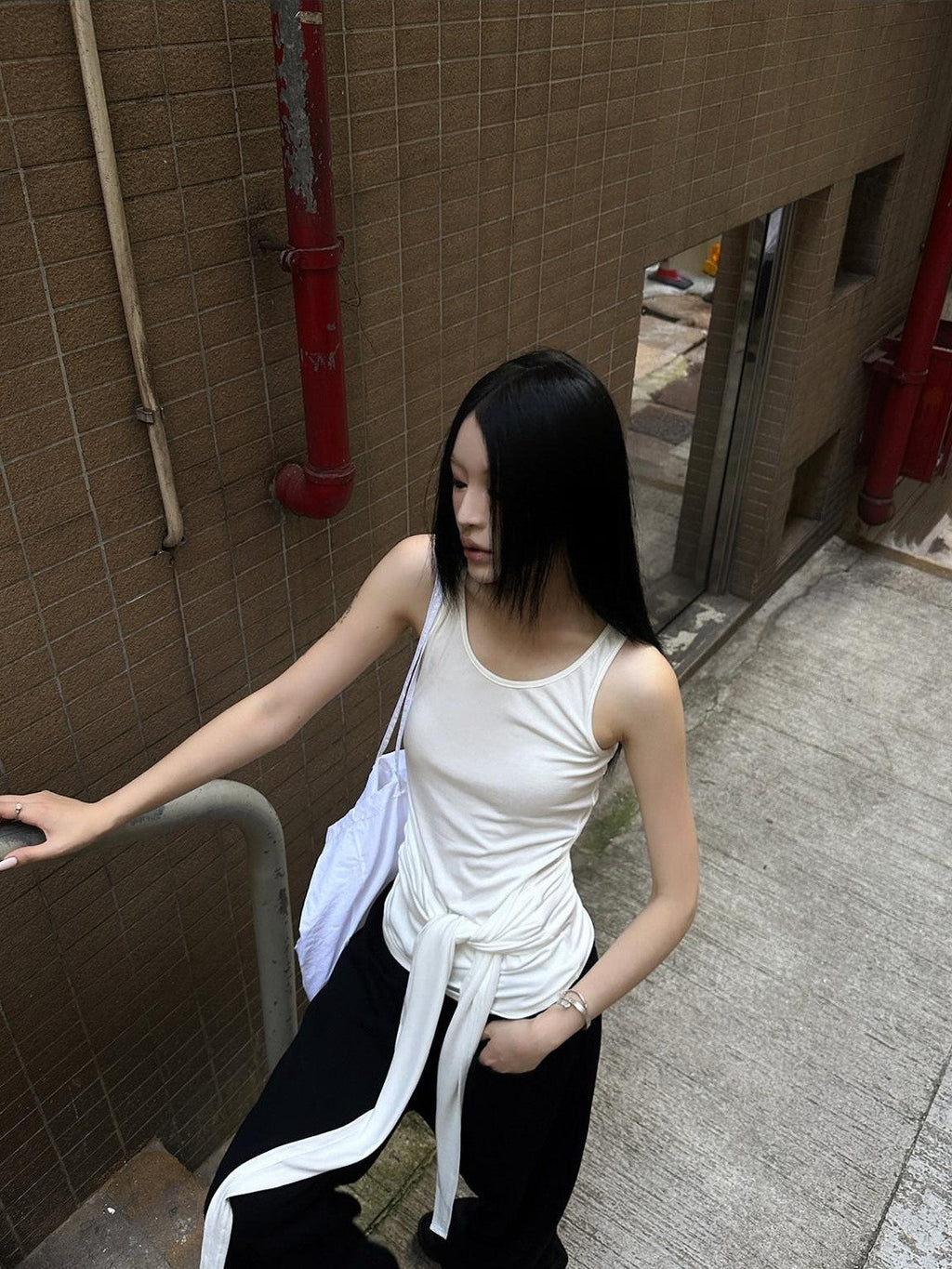 Fanptntox White Tie Waist Sheer Racerback Slim Fitted Women's Tank Tops