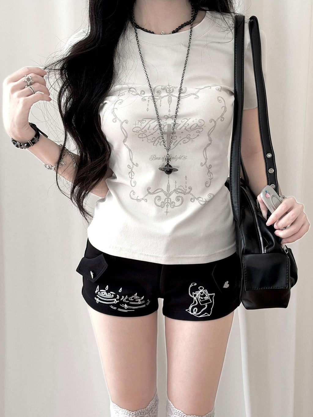 Kyouko Baby Korean Girl Printed Crewneck Women's Lightweight Casual Top & Shorts Sets