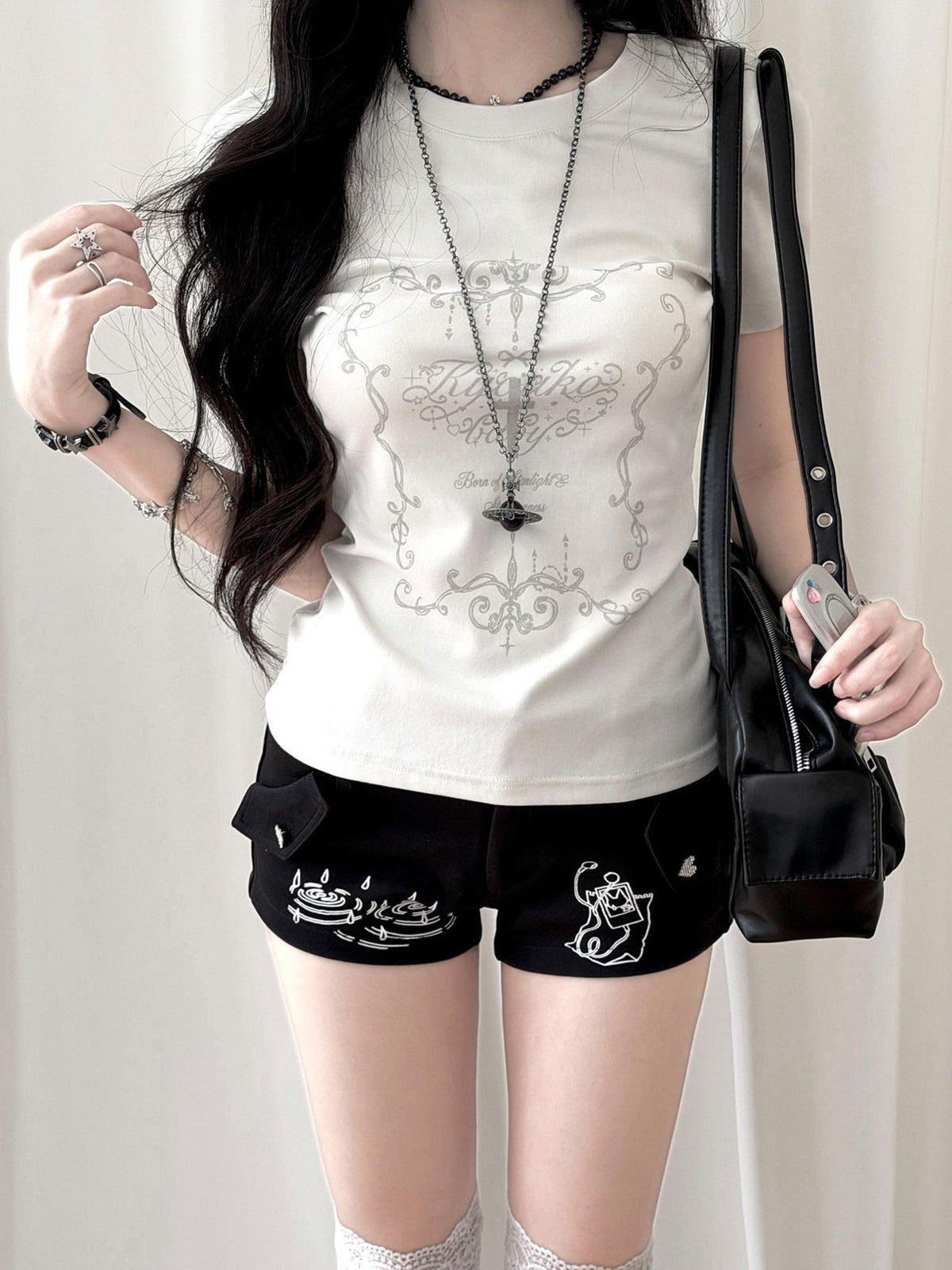 Kyouko Baby Korean Girl Printed Crewneck Women's Lightweight Casual Top & Shorts Sets