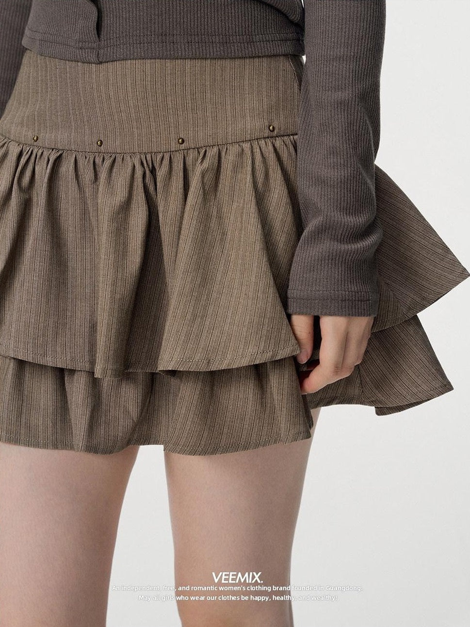 VEEMIX Gray Beaded Pleated A Line High Waist Women's Polyester Cotton Blend Mini Skirts