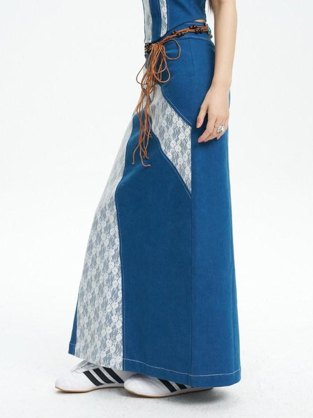 NextPassport MOF Retro Lace Patchwork Colorblock High Waist Women's Denim Maxi Skirts