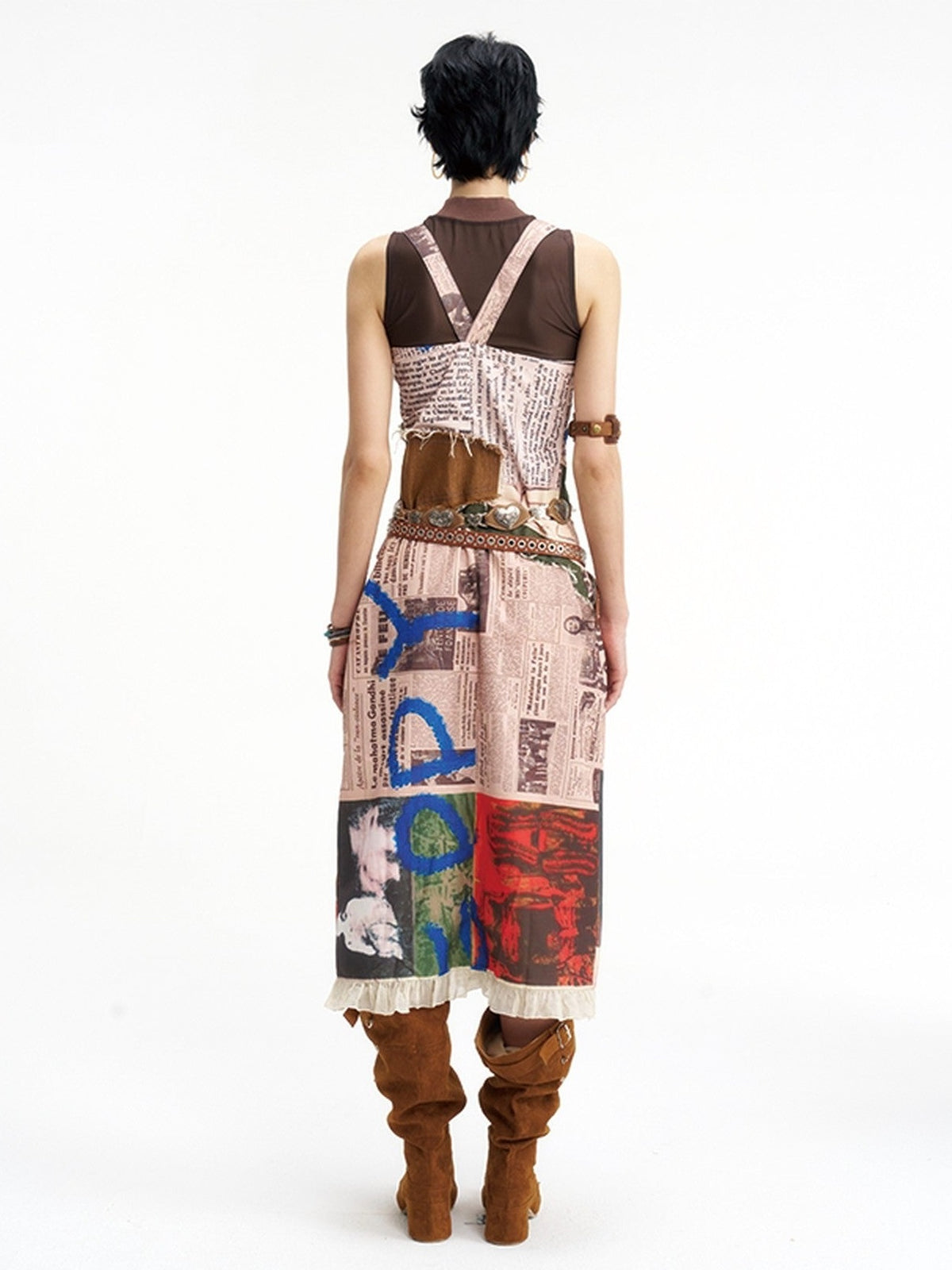 NextPassport MOF Newspaper Graffiti Strappy Slit Women's Polyester Slip Midi Dresses