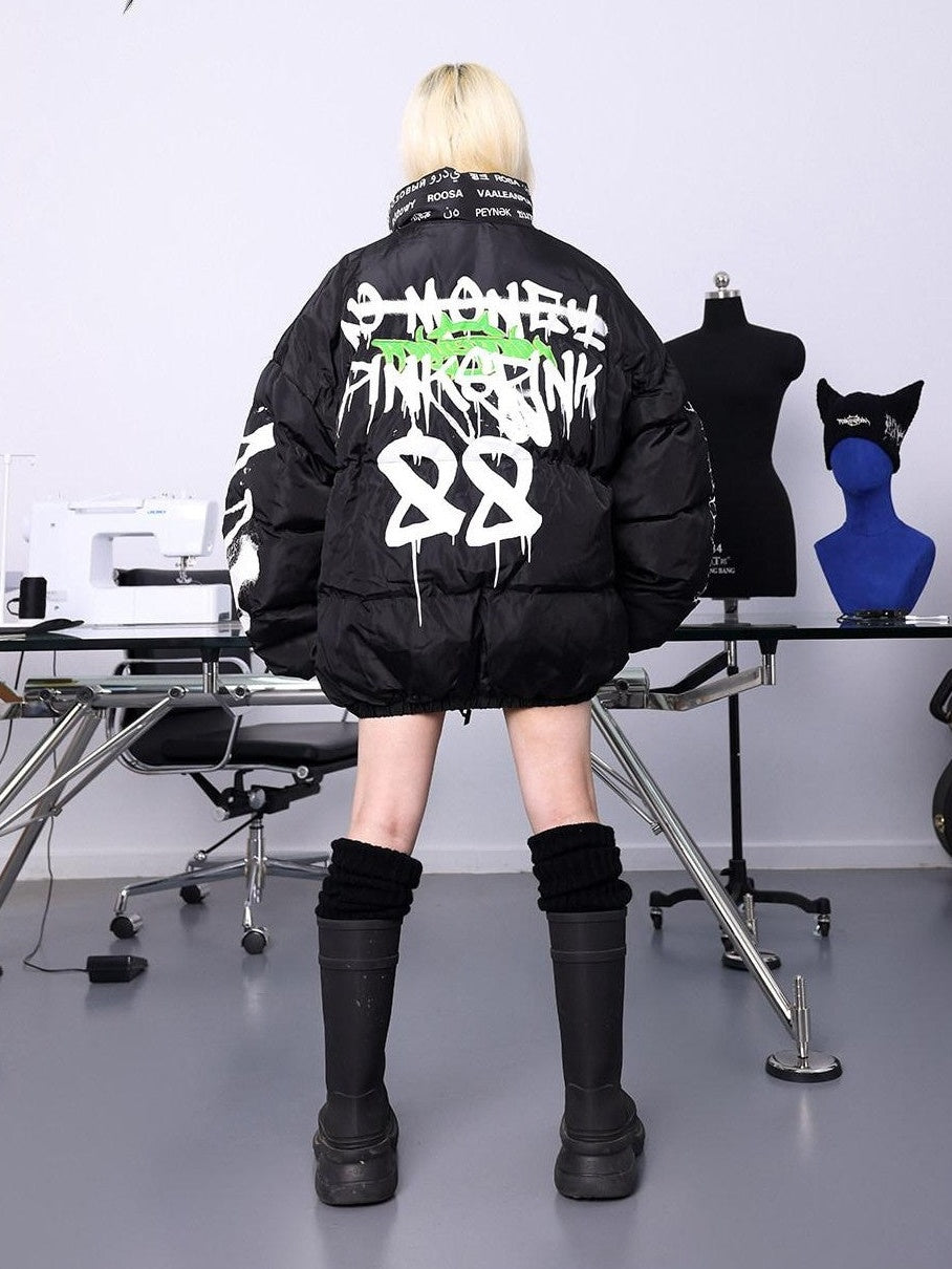 PINKSPINK Hand Painted Graffiti Double Zip Stand Collar Women's Cotton Puffer Jackets