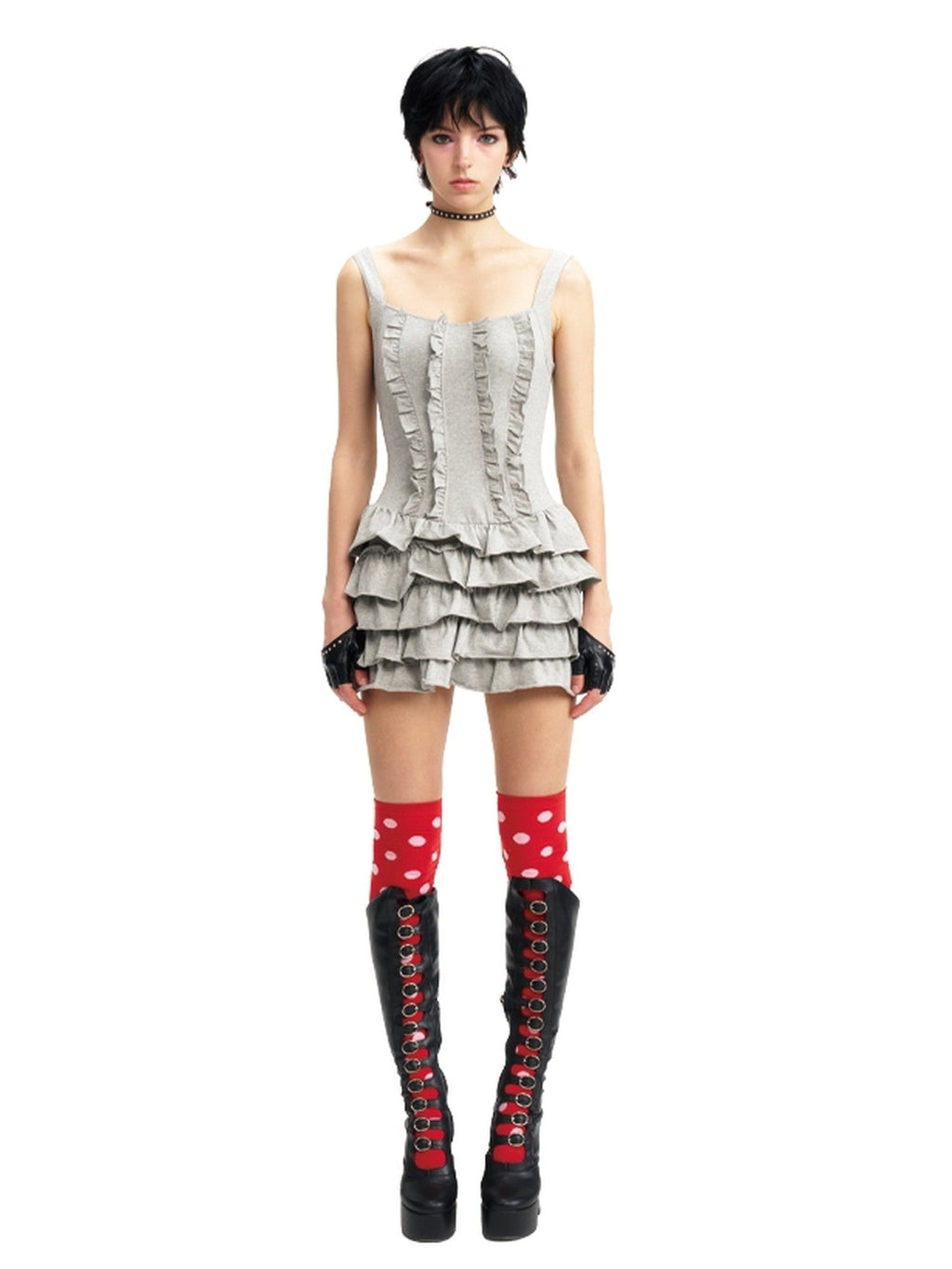 NextPassport MOF Gray Knit Puffed Tiered Spaghetti Strap Women's Cotton Slip Mini Dresses