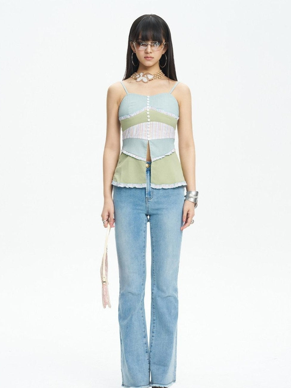 NextPassport MOF Colorblock Button Front Fishtail Hem Slim Fit Women's Other Material Camisoles