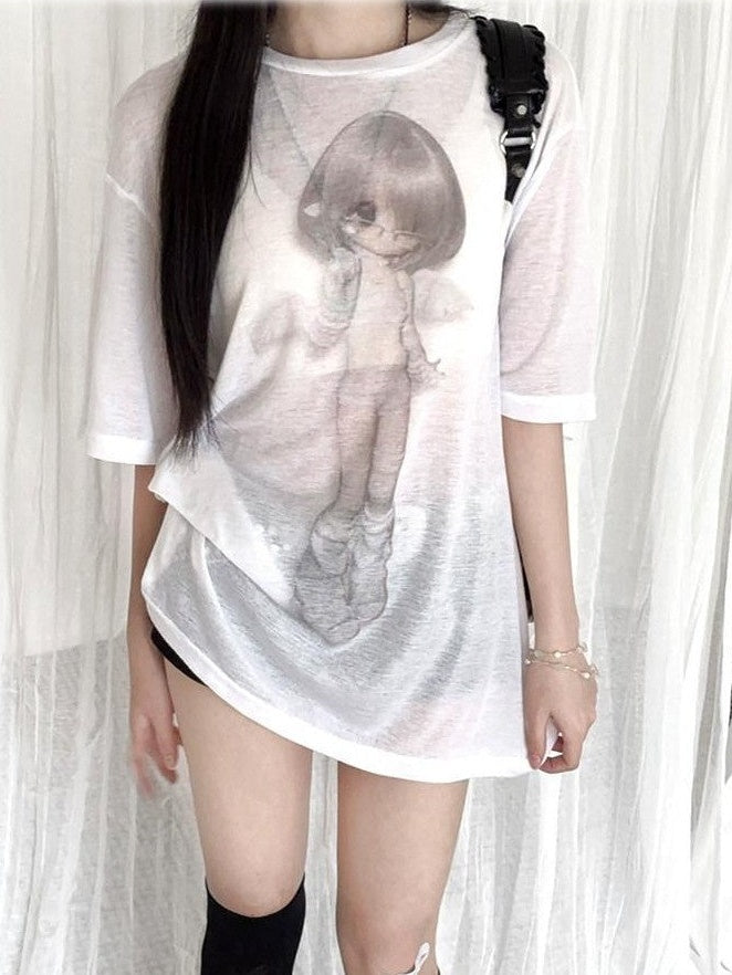 Kyouko Baby Gray White Angel Two Tone Sheer Bjd Women's Oversized T-shirts