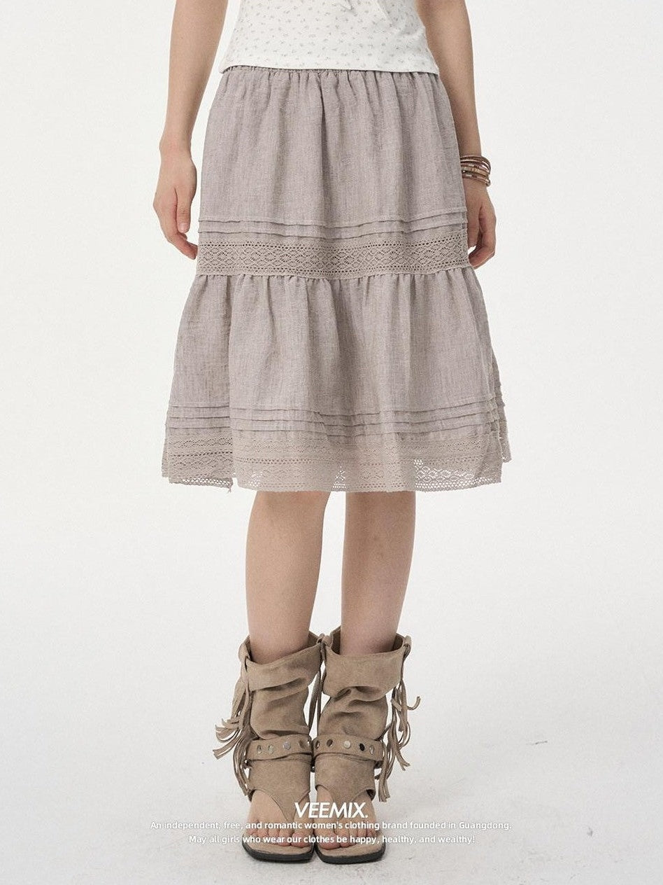 VEEMIX Linen Gray Eyelet Lace A Line High Waist Women's Viscose Blend Midi Skirts