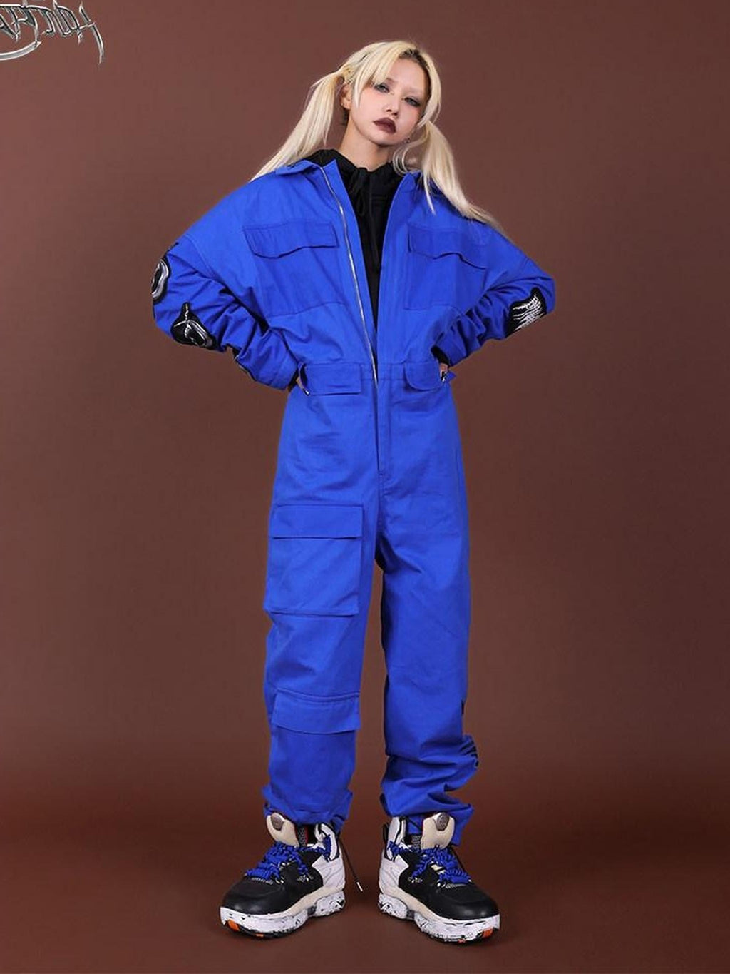 PINKSPINK Blue Patchwork Applique Embroidered Multi Pocket Women's Cotton Cargo Pants