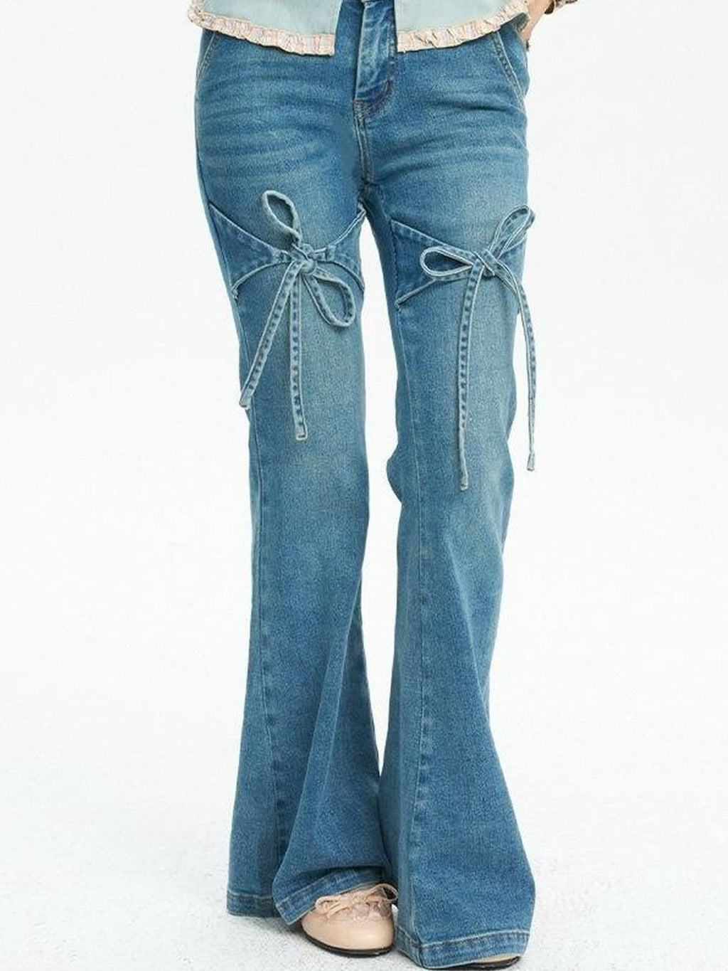 NextPassport MOF French Vintage Bow Loose Slight Stretch Women's Denim Bootcut Jeans