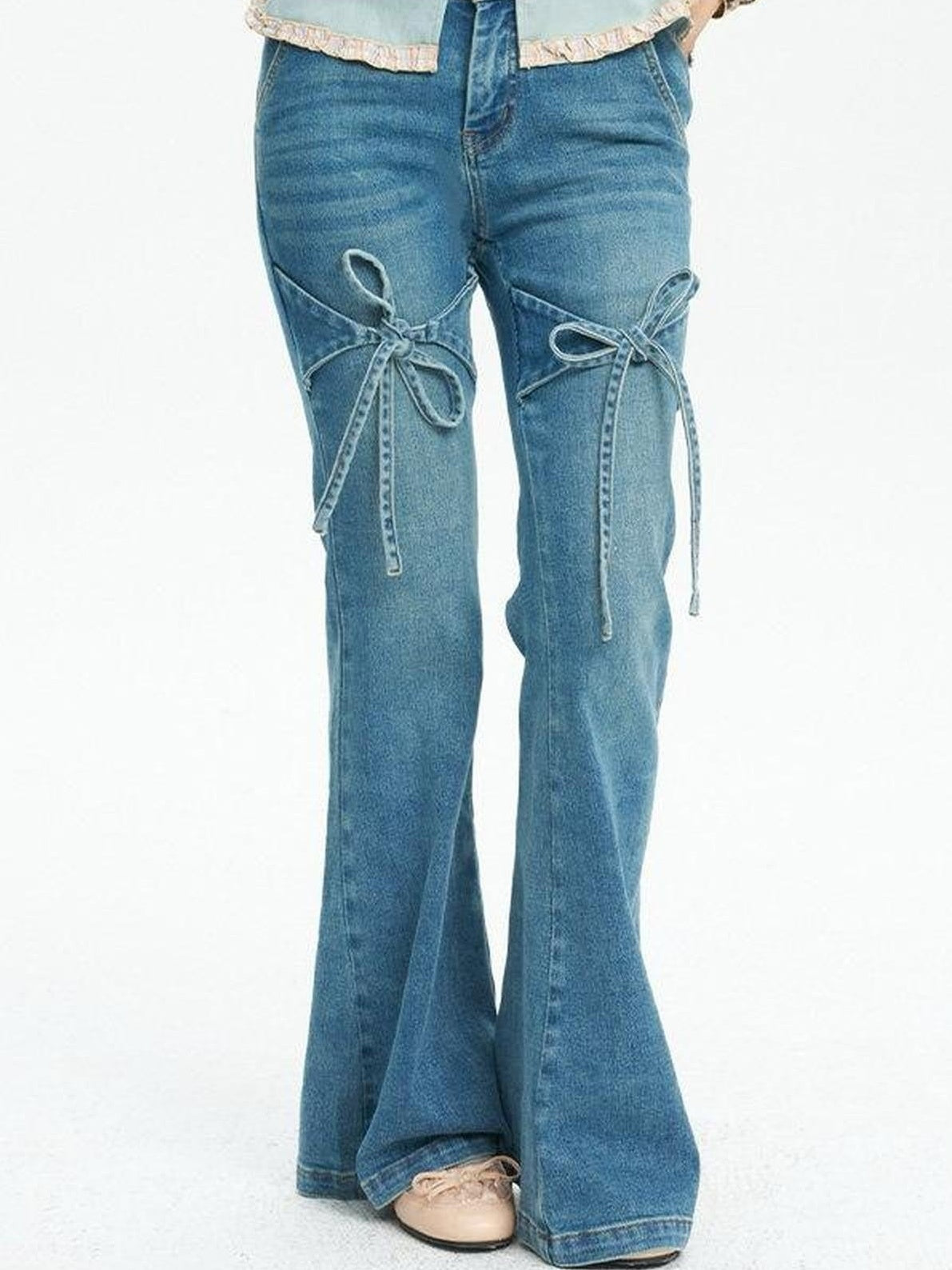 NextPassport MOF French Vintage Bow Loose Slight Stretch Women's Denim Bootcut Jeans