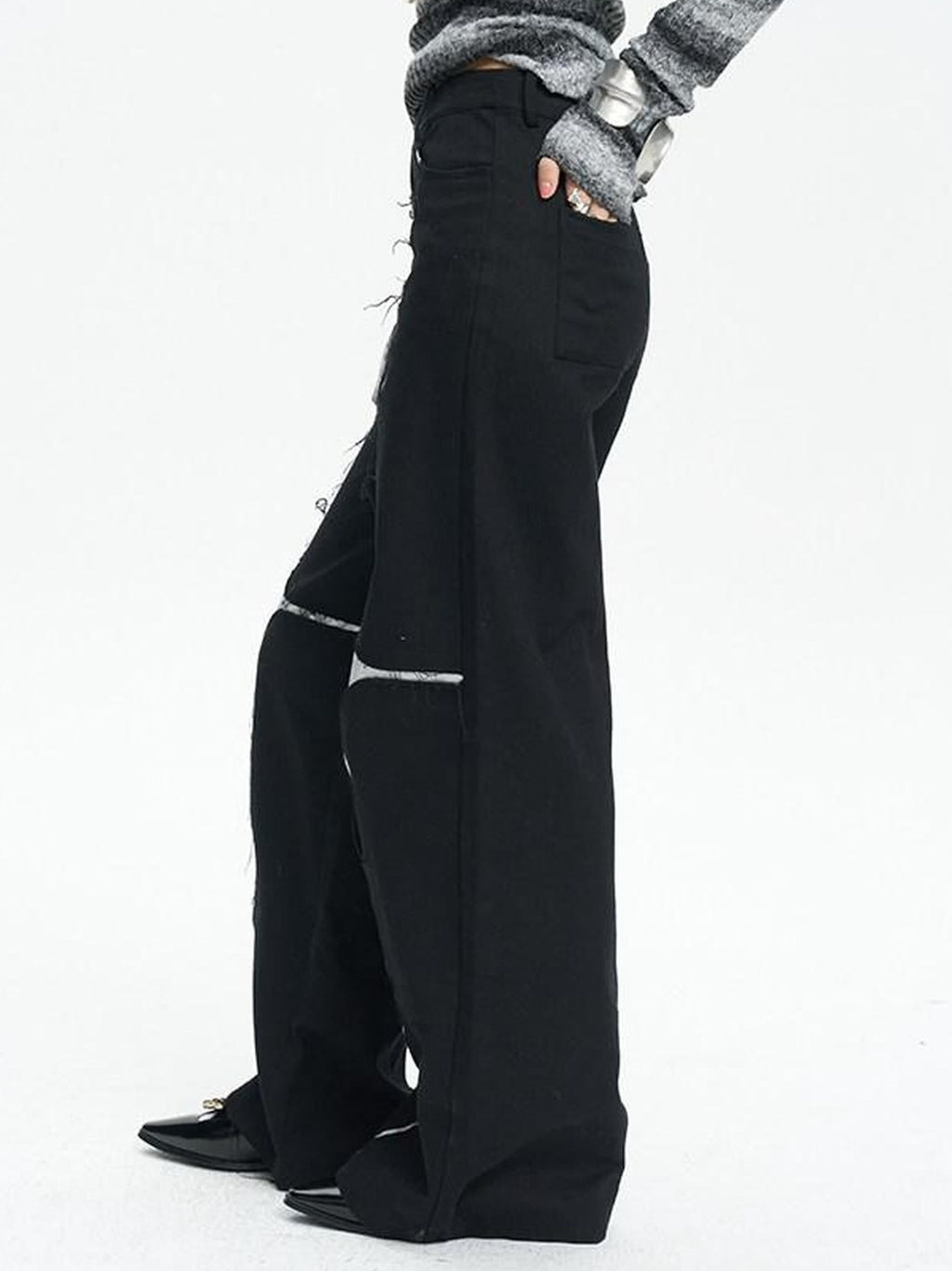 NextPassport MOF Black Asymmetric Silver Cross Sequin Women's Elastic Waist Wide-leg Pants