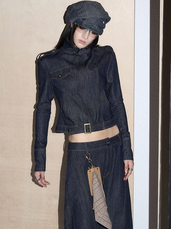 Fanptntox Vintage Textured Stand Collar Zip Cropped Slim Women's Cotton Denim Jackets